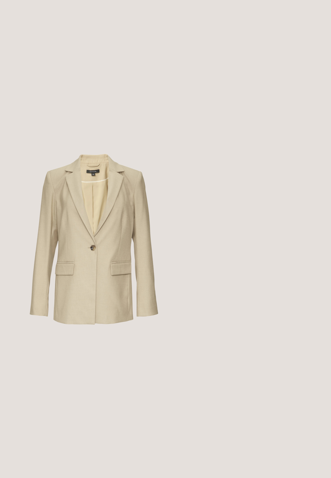 Blazer beige en tissu texturé, avec un col cranté, une fermeture à un bouton et deux poches à l'avant. Doublure intérieure visible.; Haut sans manches en satin crème avec un décolleté drapé en col bénitier et un petit détail de pli sur une épaule.; Jupe midi en satin beige, avec une texture lisse et un design évasé du vêtement à l'ourlet, d'une forme en A. Pas de motifs ou d'accents visibles.; Mocassin en cuir blanc avec une semelle plate noire, un détail plissé à l'avant et un petit logo doré sur le côté de la tige.; Sac cabas crème avec deux longues poignées et un petit fermoir doré en forme de rose au centre en haut.; Rosefield HUGGED BANGLE - Bracelet - Gold-coloured