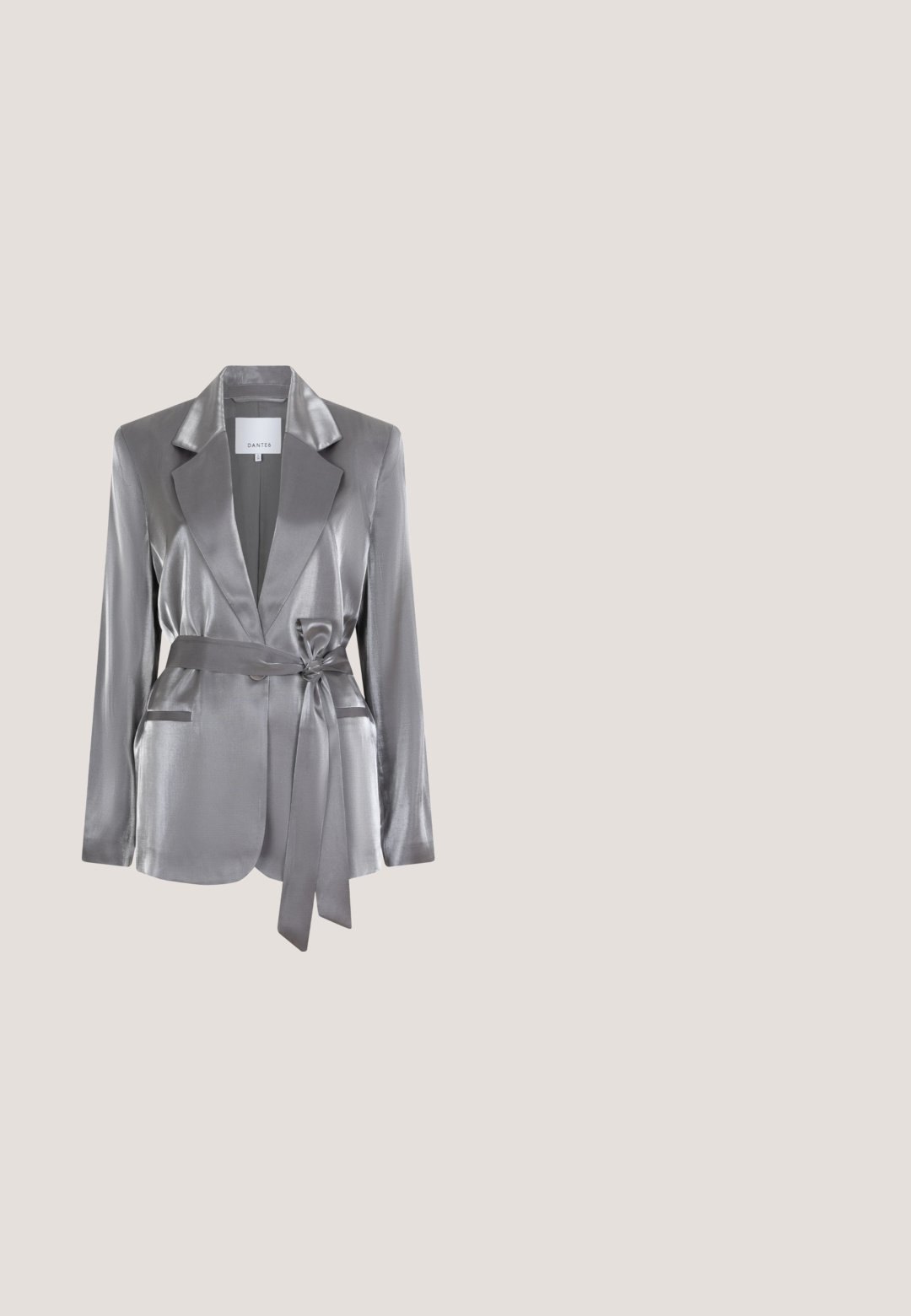 Zilveren satijnen blazer met lange mouwen, geknoopte revers, een strikgordel in de taille en twee voorzakken. Gladde textuur en een slank ontwerp.; Zilveren paillettenhalsbandtop met een hoge halslijn, aansluitend lijfje en een gladde binnenstof. Voorzien van een ritssluiting aan de achterkant.; Zwarte leggings met een strakke pasvorm. Gemaakt van rekbaar materiaal, voorzien van zijpaneeldetails en ritsen bij de hems voor extra functionaliteit.; Zilveren enkelboot gemaakt van glanzend leer, met een ronde neus en een blokhak. Gladde textuur met minimale stiksels.; Kleine rechthoekige zilverkleurige metalen handtas met kettingriem, voorklep en rechthoekige draaivergrendelingssluiting.; Zilveren metalen kettinghalsketting met langwerpige, ovale schakels met een gepolijste afwerking, wat een gladde, textuur-rijke uitstraling creëert.