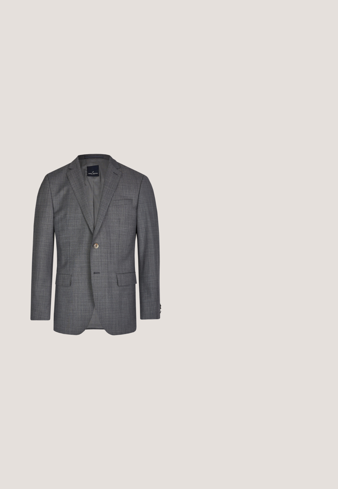 Grau kariertes Blazer aus strukturiertem Stoff. Verfügt über einen einzigen Knopf, Reverskragen, zwei vordere Taschen und eine Brusttasche.; Langärmeliges Hemd mit kleinem geometrischem Muster in Helllila und Weiß, mit klassischem Kragen und geknöpften Manschetten.; Braune Hose aus einem strukturierten Stoff, mit geradem Bein, einem einzigen Knopfverschluss und minimalistischem Stil.; Braune Lederschuhe mit glänzender Oberfläche, ausgestattet mit einer Kappenzehen-Design, fünf Ösen für Schnürsenkel und einem gestapelten Absatz.; Lila gemusterte Krawatte, Einstecktuch, runde Manschettenknöpfe und Krawattennadel. Strukturiert mit glänzenden Akzenten in einem einheitlichen Lavendel-Farbschema.; Brauner Ledergürtel mit einer rechteckigen silbernen Metallschnalle, die eine glatte Textur und ein klassisches Design aufweist.