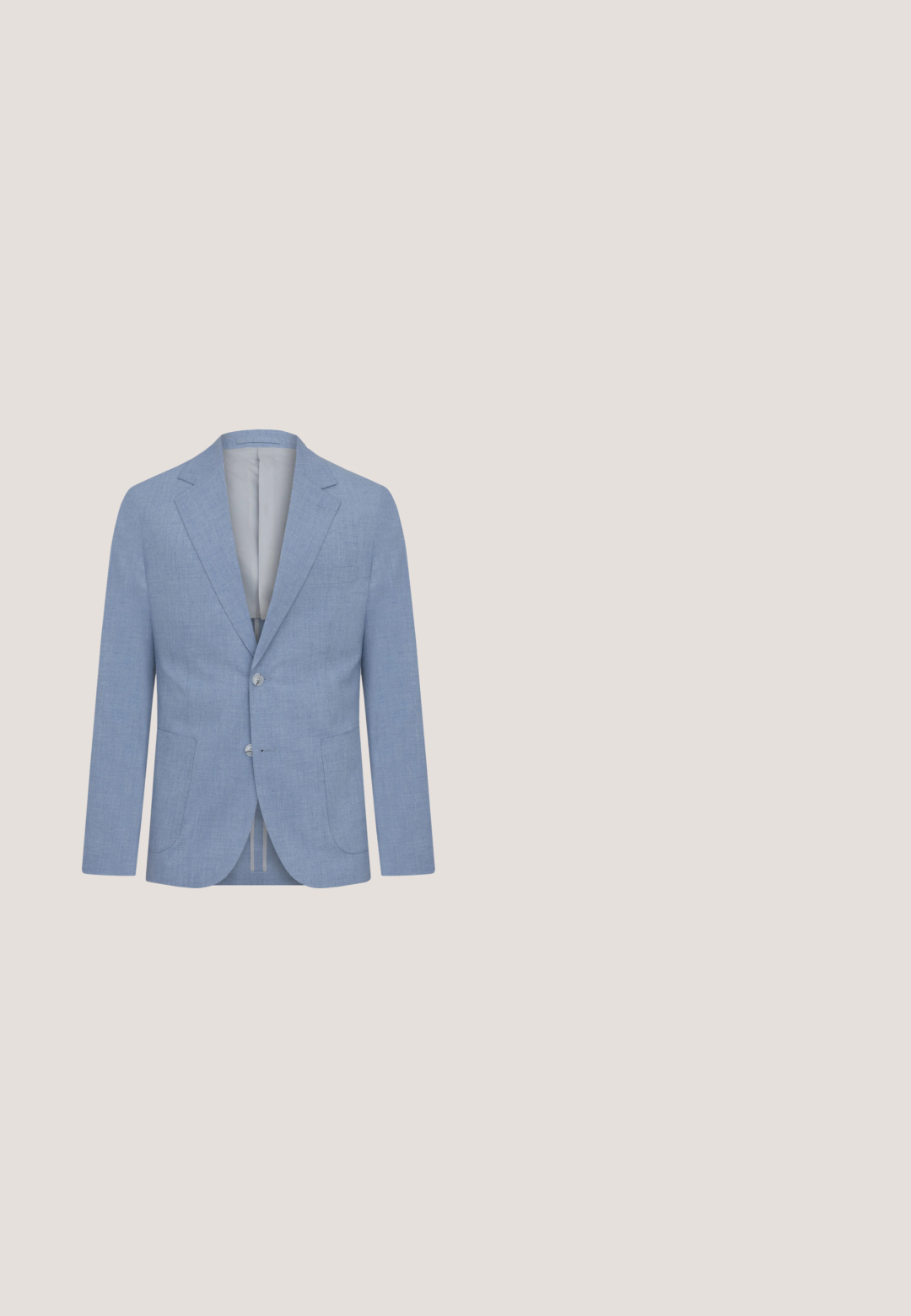 Hellblauer Herrenblazer mit zwei Knöpfen, spitz zulaufendem Revers, zwei aufgesetzten Taschen vorne und einer Brustleistentasche.; Dunkelblaues Langarmhemd mit kleinem weißen geometrischen Muster, durchgehende Knopfleiste, spitzkragen und Standardpassform.; Marineblaue, maßgeschneiderte Herrenhose mit Gürtelschlaufen und einem vorderen Reißverschluss, vor einem schlichten Hintergrund dargestellt.; Marineblaue Wildleder-Pantoletten mit runder Zehenform, kleinem dekorativen Akzent und kontrastierender brauner Sohle. Glatte Textur mit dezenten Nähdetails.; Einfache blaue Krawatte und gefaltetes passendes blaues Einstecktuch auf weißem Hintergrund.; Marineblauer Wildledergürtel mit schwarzer matter rechteckiger Schnalle und Gürtelhalter, zusammengerollt und flach liegend auf weißem Hintergrund.