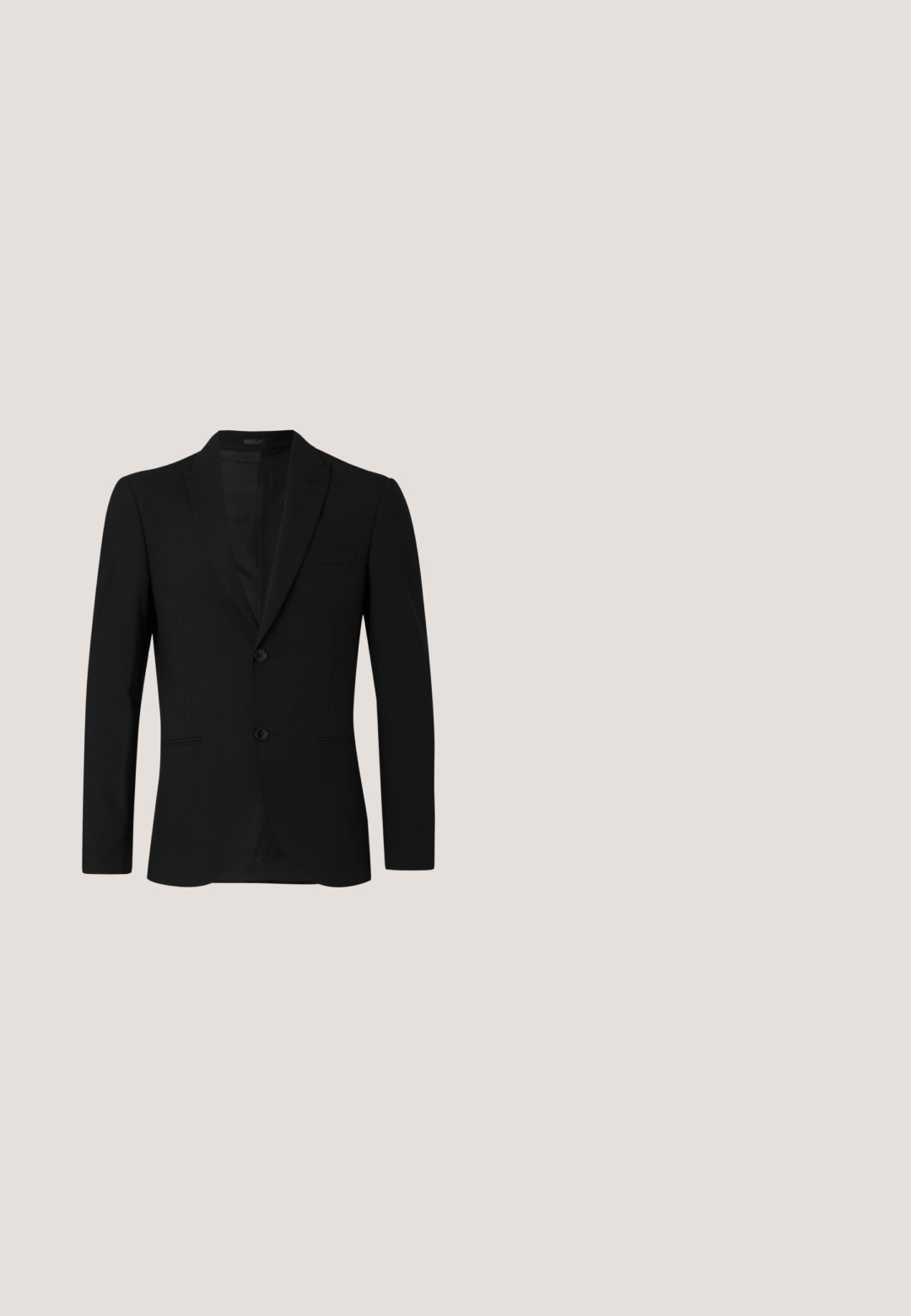 Zwarte blazer met een notch-lapel, enkelvoudig ontwerp, twee knopen en opgestikte zakken; gladde textuur en op maat gemaakt pasvorm.; Zwarte longsleeve shirt van gladde stof, met een kraag, knopen aan de voorkant en contrasterende manchetten. Geen zichtbare patronen of graphics.; Donkergroene broek met een getailleerde pasvorm, voorzien van een flatfront, riemlussen en een enkele knoopsluiting. Glad materiaal, geen patronen.; Zwarte leren nette schoen met een gladde textuur, ronde neus, zijgespdetail en lage hak, geplaatst bovenop een grijze ondergrond.; Marineblauwe stropdas met diagonale witte strepen en een herhalend tekstpatroon. Slank ontwerp, zachte textuur, spitse punt.; Zwart gestructureerde leren riem met een matte zwarte vierkante gesp en een prongsluiting, plat weergegeven op een witte achtergrond.