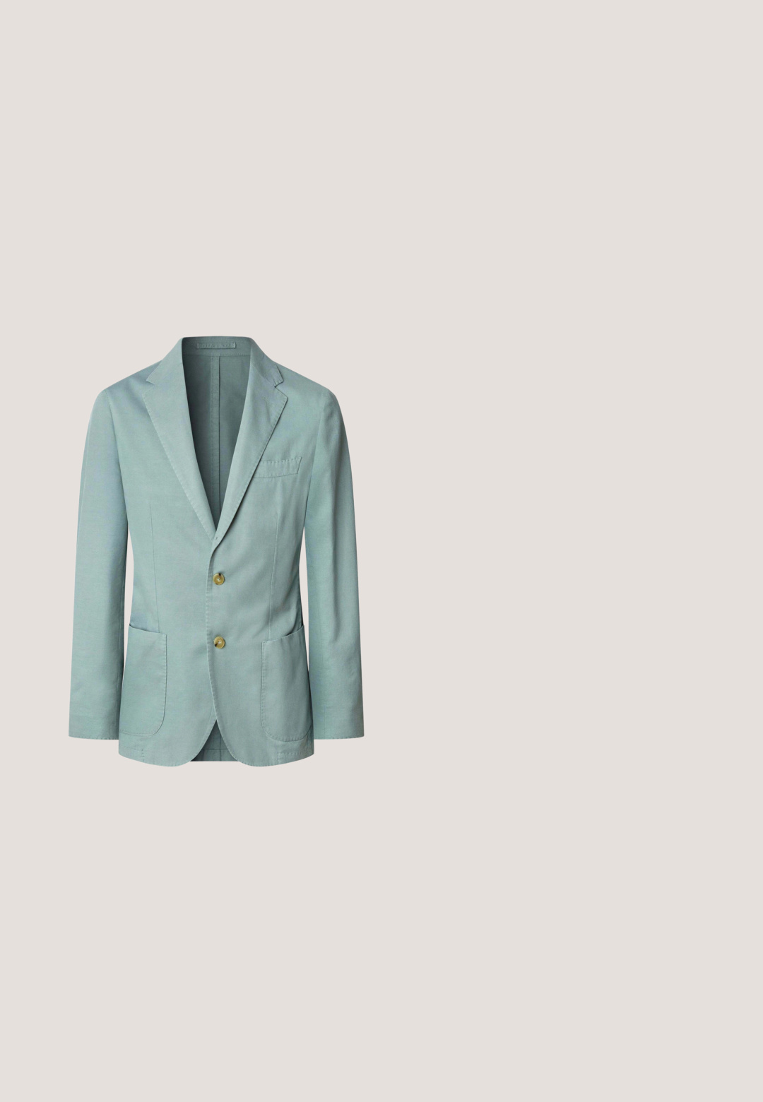 Lichtgroene katoenen blazer met een geknipte revers, twee voorzakken en een enkelvoudig ontwerp. Voorzien van gouden knopen.; Lichtgrijze sweatshirt gemaakt van zachte stof, met een ronde halslijn, ribgebreide manchetten en zoom, voorzien van twee zwarte "SAMSØE" logo's op de borst.; Blend BHBASTI TERRY - Overhemd - salute; Lichtblauwe slim-fit herenbroek met lussen voor een riem, steekzakken aan de voorkant, knoop- en ritssluiting, en een BOSS-label op de tailleband.; Witte veter-sneakers met een glad bovenwerk dat lijkt op leer, een afgeronde neus, een platte rubberen zool en subtiele stiksel-details aan de zijkanten.; Compact zwart crossbodytasje met verstelbare schouderband, voorvak met rits en metalen "BOSS"-logo op een glad oppervlak.