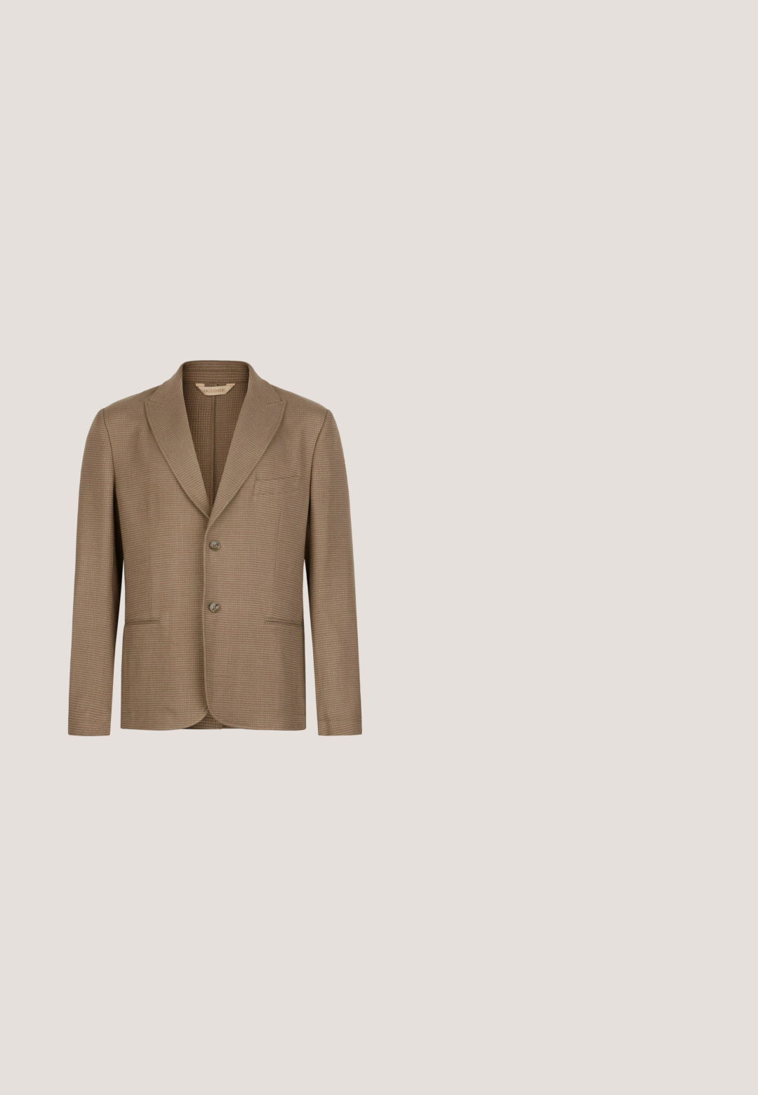Herrebrun tekstureret blazer med hakkede revers, to-knaps lukning og tre forlommer.; Hvid langærmet skjorte med knapper, der har subtile lodrette striber og et lille broderet logo på venstre bryst.; Brune bukser med lige ben med knap- og lynlåslukning, bæltestropper og ingen synlige lommer, vist på en hvid baggrund.; Brune læder loafers med rund tå, syningsdetaljer og en dekorativ metalspændeaccent foran. Gummisol.; Sort smal slips med et gentaget mønster af små røde og blå blomster motiver jævnt fordelt over stoffet.; Brunt læderbælte med sort Moschino-logo, sølvfarvet rektangulært spænde og matchende læderbæltesløjfe på en lys baggrund.