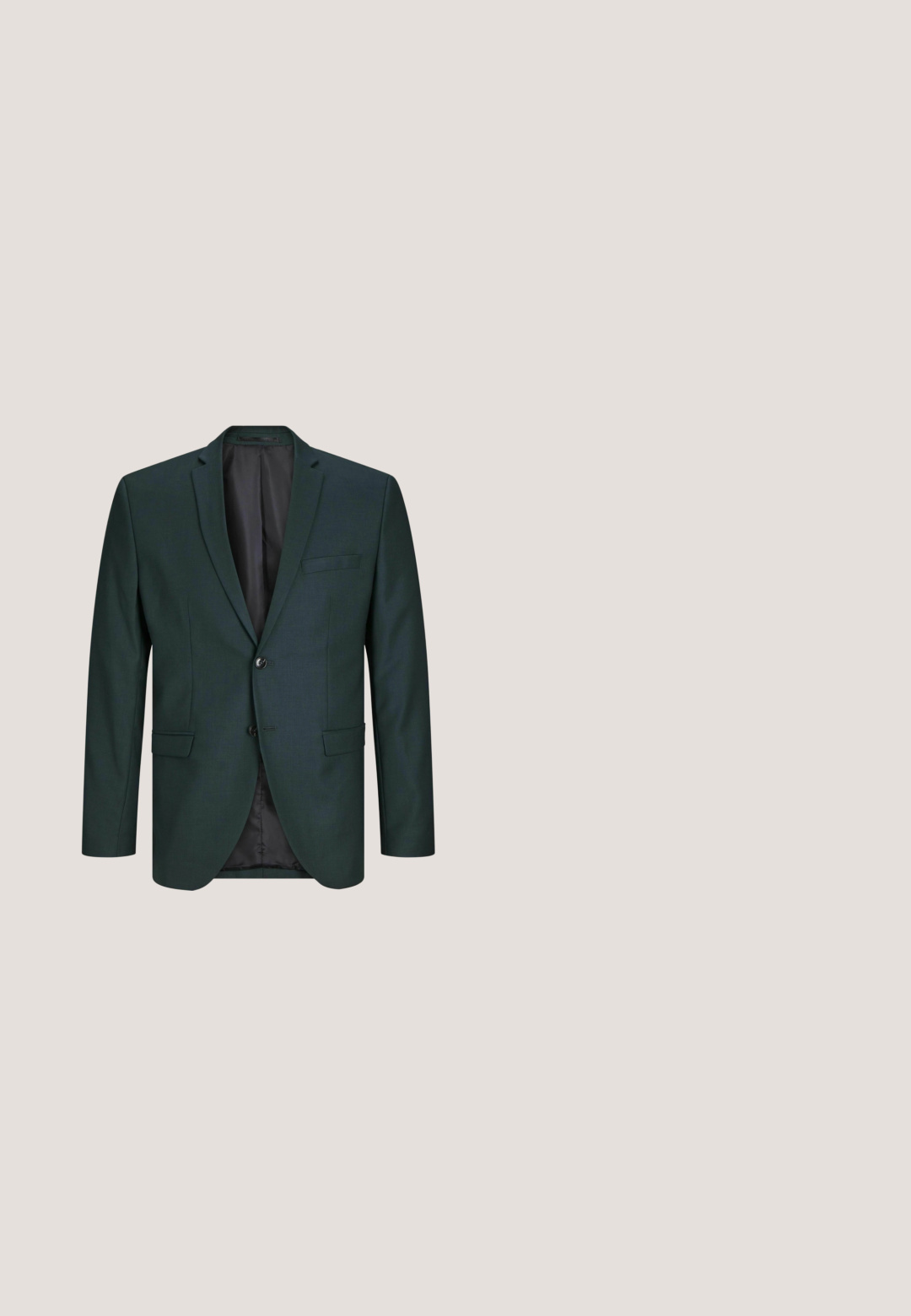 Mørkegrøn blazer med enkeltknap-design, revers og to frontlommer. Har en glat inderside og knaplukning.; Hvid langærmet skjorte med spidse kraver, frontlukning med knapper og en glat overflade. Har en almindelig pasform og skræddersyet design.; Sorte bukser lavet af et holdbart stof, der har en lige ben-skæring, forlommer og et bælte med en rektangulær metalspænde.; Sort herresko i læder med lukkede snørebånd, lav hæl og glat, poleret finish, set fra siden mod en hvid baggrund.; Marineblå slips med en struktureret overflade, der har små, jævnt fordelt lyseblå polka prikker. Klassisk trekantet spidsdesign.; Y-formede grå og hvide seler med tynde blå striber, sorte læderknappeløkker i enderne til fastgørelse på bukser.