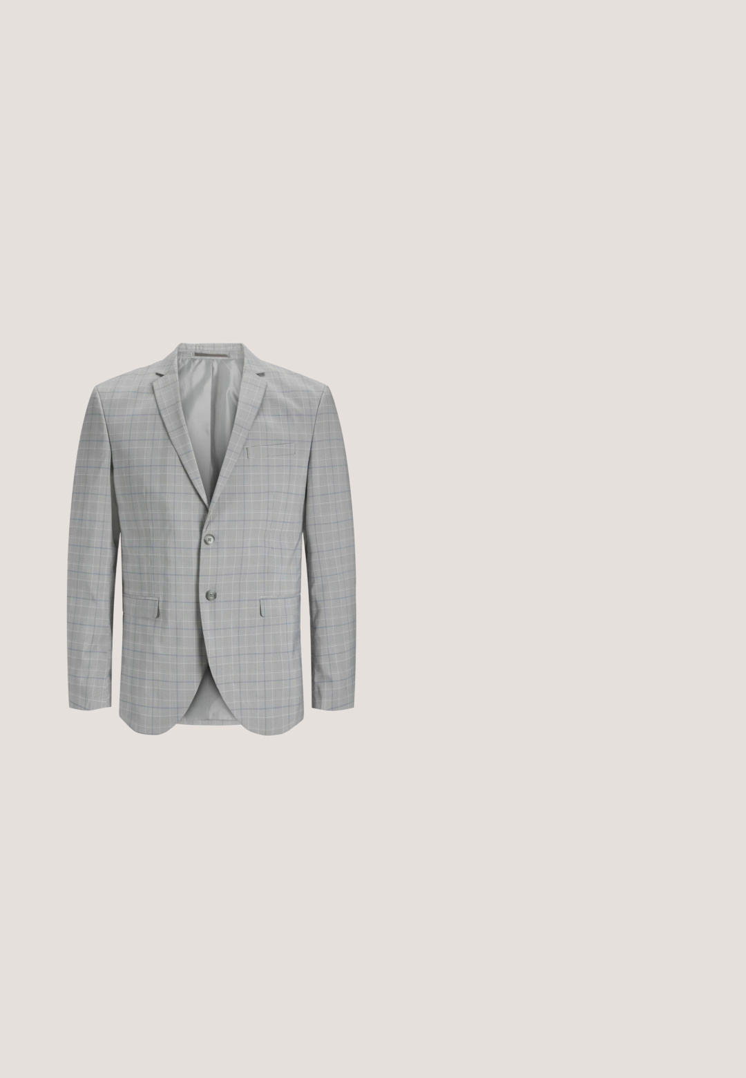 Blazer à carreaux gris avec un devant à deux boutons, revers crantés, coupe slim et poches latérales, présentant un motif bleu subtil dans le tissage.; Chemise blanche à manches longues avec boutons, fabriquée dans un tissu lisse. Dotée d'un col classique, de boutons sur le devant et de poignets à un bouton. Design ajusté.; Pantalons gris ajustés en tissu lisse, dotés d'une fermeture à bouton et de passants de ceinture, avec une coupe droite et sans motifs visibles.; Chaussure formelle oxford pour hommes en cuir noir avec bout rapporté et laçage fermé, présentée de profil sur fond blanc.; Cravate en soie teal de forme étroite avec une texture diagonale, dotée d'une pointe. Couleur uniforme avec un subtil éclat. Convient pour des tenues formelles.; Ceinture en cuir noir avec une boucle rectangulaire argentée, présentant une texture lisse et une couture claire contrastante le long des bords.