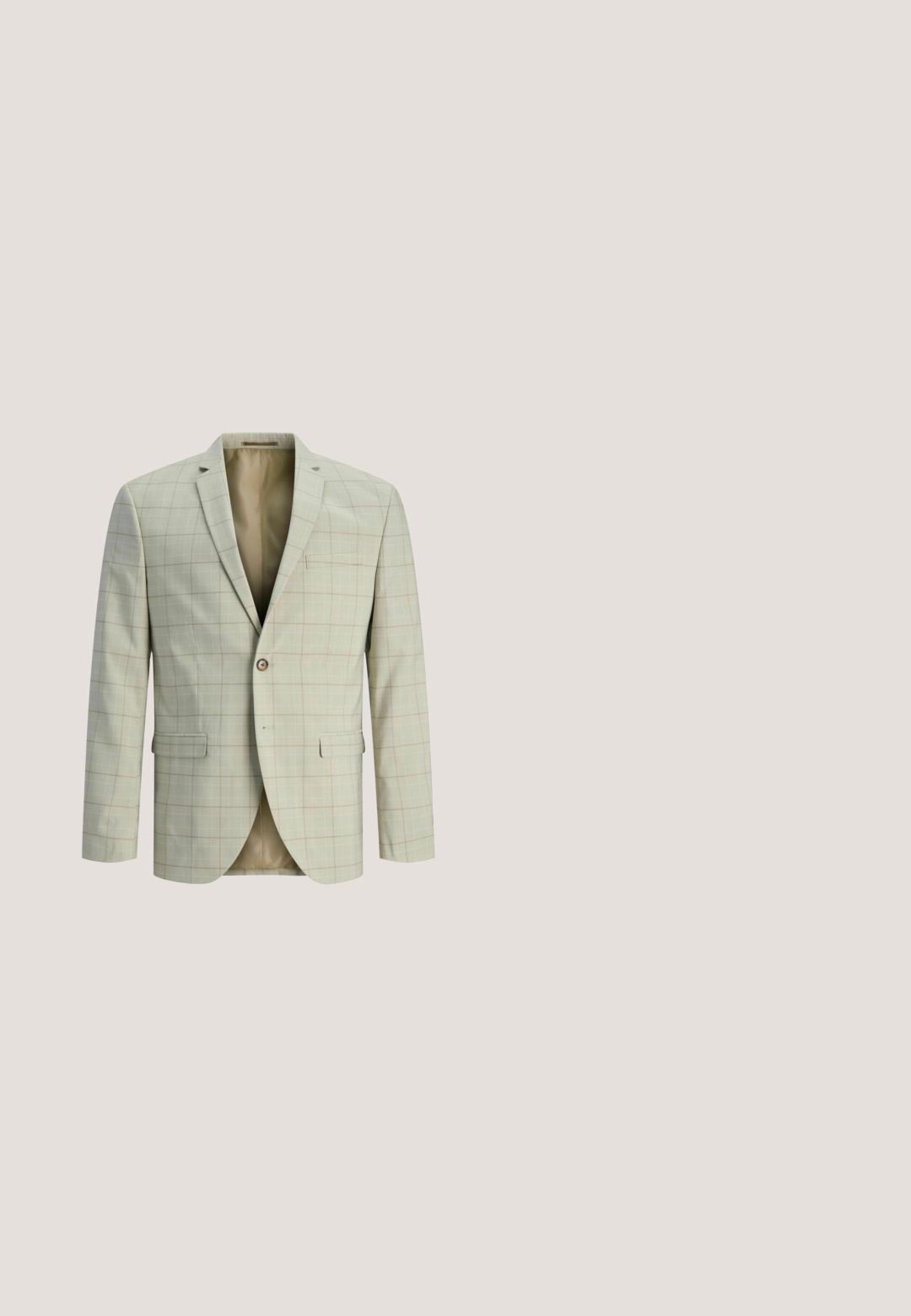 Lyse beige blazer med subtilt ternet mønster i bløde farver. Har revers med hak, to frontlommer og lukkes med en enkelt knap.; Hvid, langærmet skjorte med knaplukning lavet af bomuld, med klassisk krave, lige snit og subtil struktur. Standard knaplukning.; Beige ternede bukser lavet af letvægtsstof. Skræddersyet pasform med flad front, sidelommer og enkelt knaplukning.; Brun lædersko med et slankt design, der har to guldfarvede spænder, en spids tå og en lav stablet hæl.; Lyse beige slips med et diagonalt mønster af jævnt fordelt tynde brune linjer på en ensfarvet hvid baggrund.; Brun læderbælte med en rektangulær spænde i sølvmetal. Indeholder hulrækker langs remmen til justerbar pasform. Struktureret overfladedetalje.