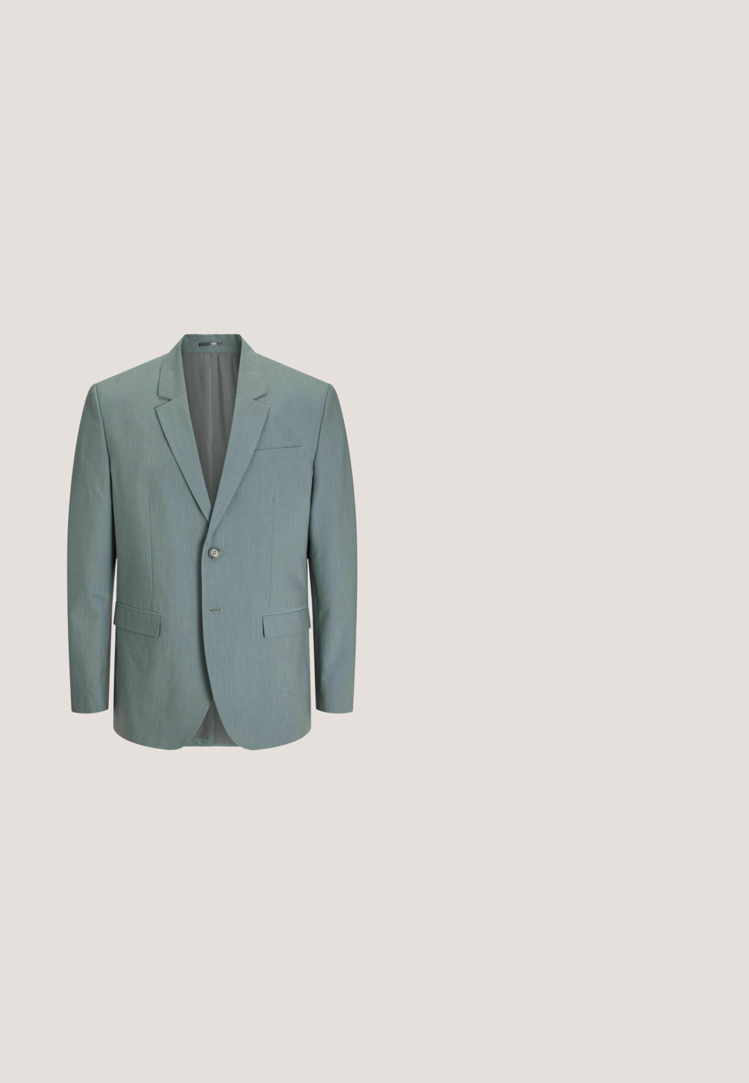 Hellblau-grauer Blazer aus strukturiertem Stoff, mit einem einzelnen Knopfverschluss, Reverskragen und zwei Fronttaschen.; Hellgrünes Poloshirt mit strukturiertem Kragen, kurzen Ärmeln und gesticktem Emblem auf der linken Brust. Weicher Stofffinish.; Hellgrüne maßgeschneiderte Hose mit glattem Textur, flachem vorderen Teil, doppelten Falten und klassischem geradem Beinanschnitt.; Helles, blaues Wildleder-Slip-On-Schuhwerk mit einer abgerundeten Zehenpartie und einer niedrigen cremefarbenen Sohle. Besitzt ein minimalistisches Design und genähte Details entlang der Oberseite.; Helle mintgrüne Krawatte mit glatter Textur und schmaler Form, die ein feines gewebtes Muster aufweist. Spitz zulaufende Spitze.; Grau Wildledergürtel mit glatter Oberfläche, silberner Metallschnalle und minimalen Nähten. Flaches Design mit zulaufenden Enden.