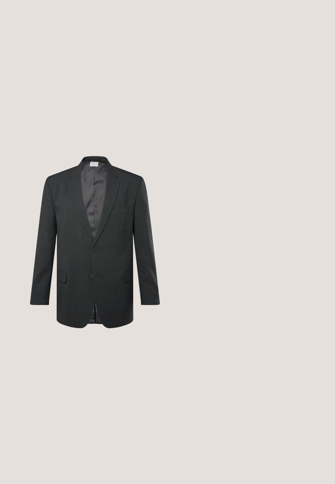 Mørkegrå blazer lavet af tekstureret stof, med et slagkrave, enkeltrækket design, to frontlommer og knaplukning.; Hvid langærmet skjorte lavet af glat stof, med knaplukning foran, spids krave og diskret "JP" broderi på brystet.; Grå skræddersyede bukser med lige bendesign, der har en knaplukning og en subtil tekstur. Velegnet til formelle eller forretningsmæssige anledninger.; Sorte lædersko med en glat overflade, rund tå, snørebåndsdesign og en lavprofil gummisål. Minimal syning.; Bordeaux silke slips med en jævn tekstur og en smal, spids ende. Har en ensfarvet farve uden mønstre eller accenter.; Sort læderbælte med en glat tekstur og en mat finish, med en rektangulær sort metal spænde og en tilspidset ende.