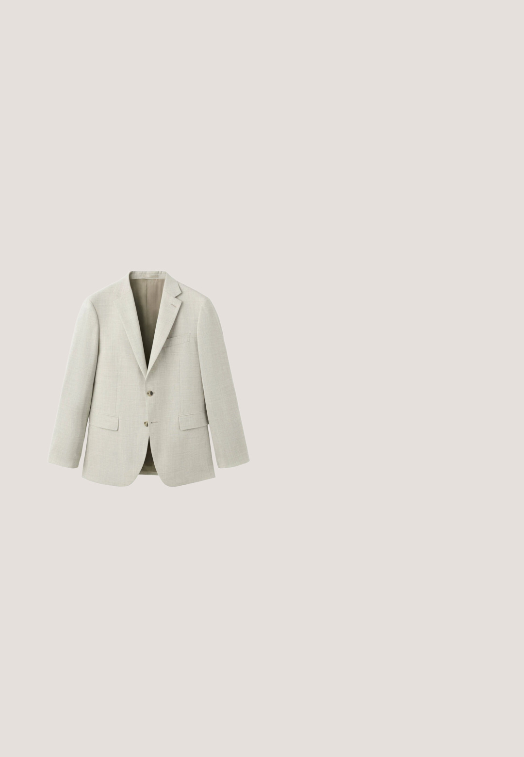 Blazer beige clair pour homme avec deux boutons, revers crantés, poches à rabat et une poche poitrine passepoilée, présenté sur fond blanc.; Chemise bleu clair à manches longues avec boutons, col pointu et poche poitrine, présentée sur fond blanc.; Pantalon formel beige clair avec poches latérales et fermeture à bouton, fabriqué dans un tissu subtilement texturé avec une coupe droite.; Mocassins en cuir marron avec une texture tissée et une semelle plate. Le design présente un bout arrondi et de subtiles accents de couture sur les côtés.; Portefeuille en cuir marron avec une texture lisse, fermeture éclair et quincaillerie en métal argenté. Présente un logo embossé à l'avant et une sangle sur le côté.; Ceinture en daim marron avec boucle rectangulaire en métal argenté, enroulée en spirale sur un fond blanc.