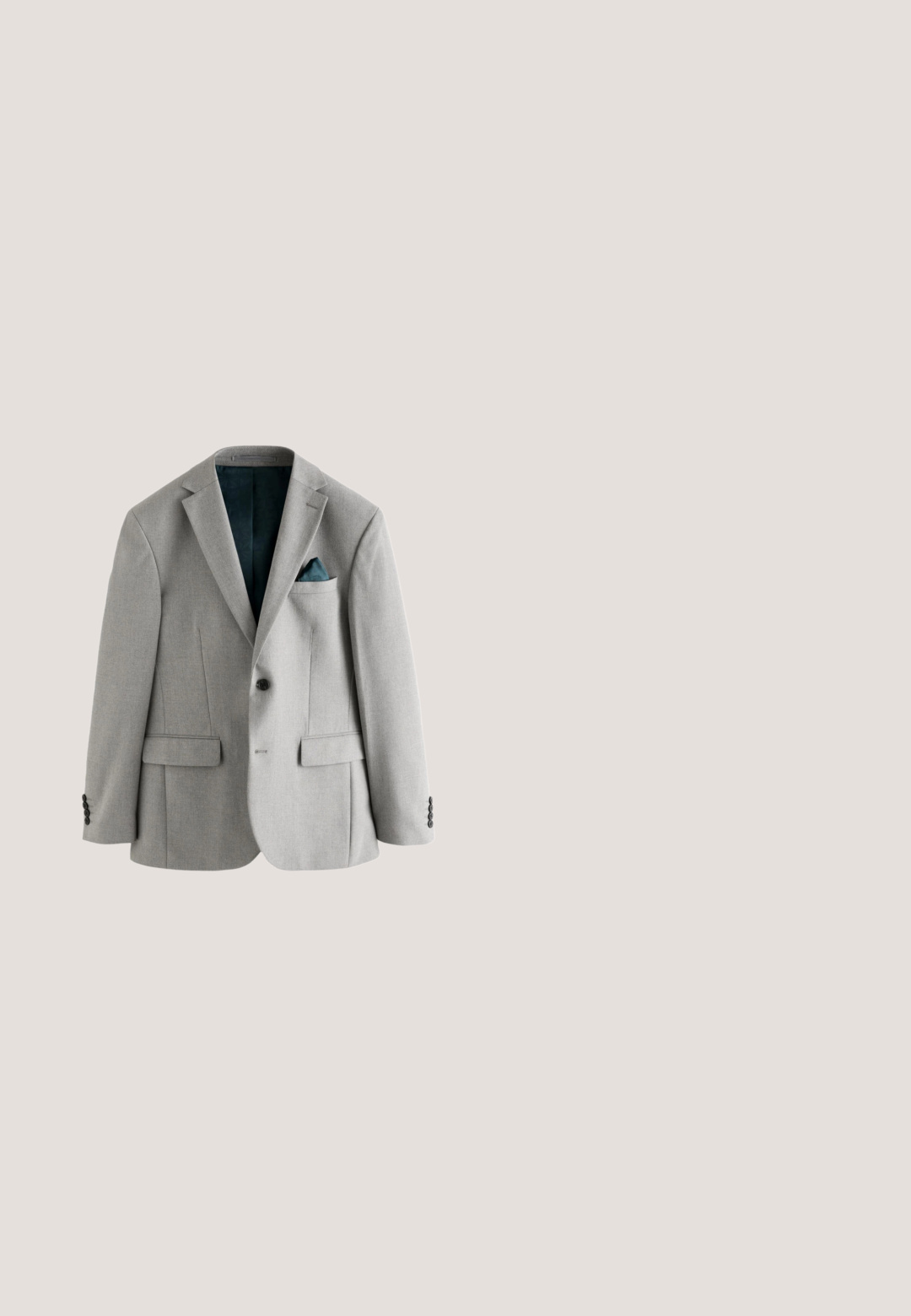 Blazer de hombre gris claro con solapas con muesca, dos bolsillos delanteros con solapa, un bolsillo en el pecho con pañuelo de bolsillo azul oscuro y botones negros en los puños.; Camisa blanca de manga larga hecha de tejido suave, con un cuello abotonado y una fila de botones en la parte delantera. Diseño simple.; Pantalones de color verde oscuro con un patrón y una textura suave, de corte recto, con cinturilla y bolsillos laterales. Sin marcas visibles ni detalles metálicos.; Mocasines de cuero negro con punta redondeada, detalles de costura y una suela de goma con plataforma. Presentan una correa decorativa a lo largo del empeine.; Maletín de cuero negro con doble asa, bolsillo frontal con cremallera y correa de hombro ajustable. Presenta una textura suave y acentos de hardware minimalistas.; Cinturón negro de cuero enrollado con una hebilla rectangular plateada que presenta un diseño geométrico recortado.