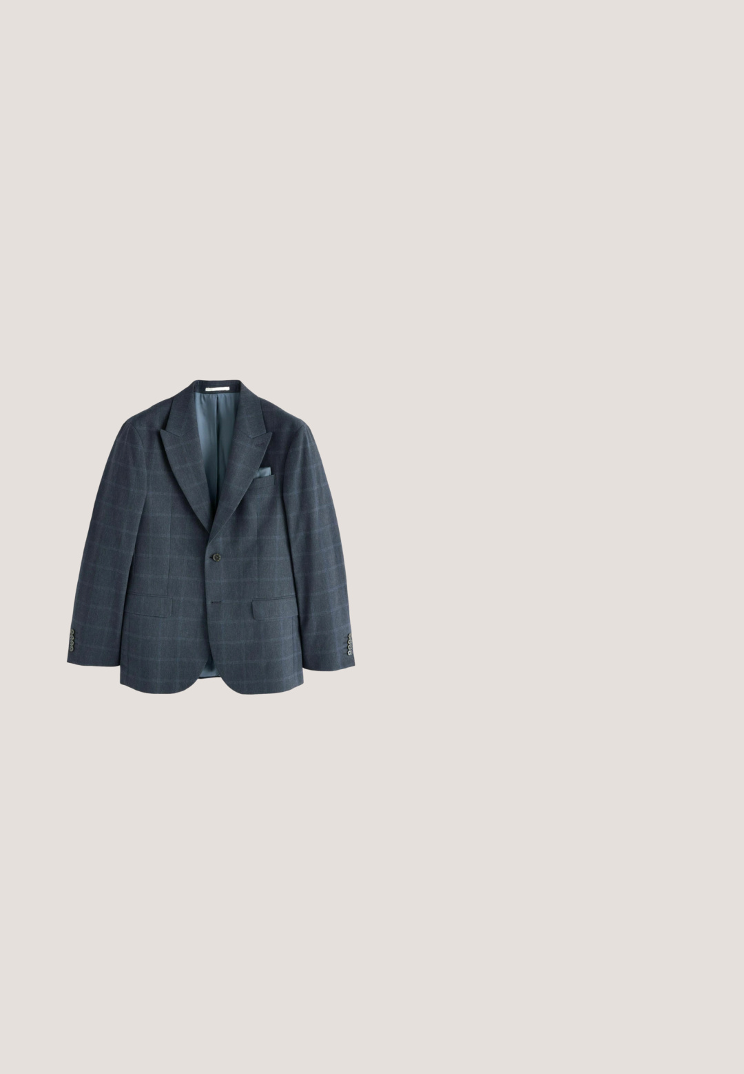 Donkergrijze herenblazer met één knoop, subtiel ruitpatroon, inkeping revers, voorzakken met klep en een lichtgrijze voering.; Witte, lange mouwen, katoenen overhemd met knopen. Voorzien van een standaardkraag, een voorste knopenlijst en een afgeronde zoom. Subtiel merklogo.; Donkergrijze gep tailored broeken van een gestructureerde wolmix, met een vlakke voorkant, zijzakken en een sluiting met één knoop. Slim fit ontwerp.; Zwarte leren dresschoenen met een ronde neus, vetersluiting en subtiele stikseldetails. Voorzien van een lage hak en een gladde textuur.; Zilveren roestvrijstalen horloge met een witte gestructureerde wijzerplaat, zwarte lederen band en blauwe sub-dial. Bevat markeringen en wijzers voor uur en minuut.; Zwarte leren riem met een gladde textuur, voorzien van een vierkante metalen gesp met een matte afwerking. Verfraaid met een merkimprint op de riem.