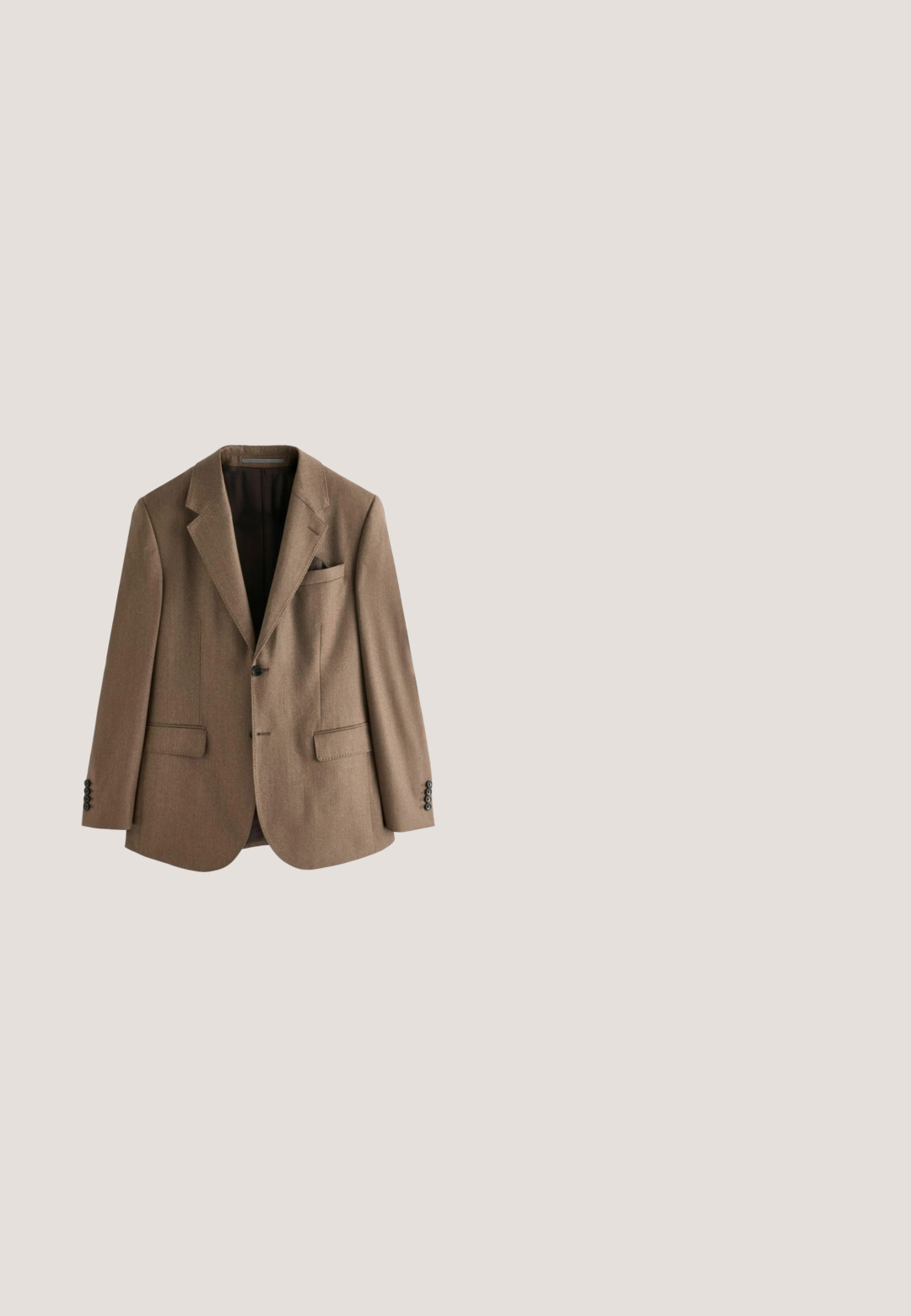 Bruine wol blazer met een notch-lapel, twee voorzakken, sluiting met één knop en een decoratieve pochet met een gladde textuur.; Donkerbruine gebreide trui met ronde hals, lange mouwen en een subtiel ruitpatroon op de voorkant.; Lichtgrijs overhemd met knopen, lange mouwen, twee grote borstzakken aan de voorkant en een klassieke kraag, plat uitgespreid op een witte achtergrond.; Bruine corduroybroek met een recht model, voorzien van een knoopsluiting aan de voorkant en standaard riemlussen. Soepele textuur en een klassieke snit.; Bruine leren dresschoenen met brogue-details, vetersluiting, ronde neus en een lage rubberen zool. Glad oppervlak overal.; The Chesterfield Brand LUCCA - Toilettas - brown