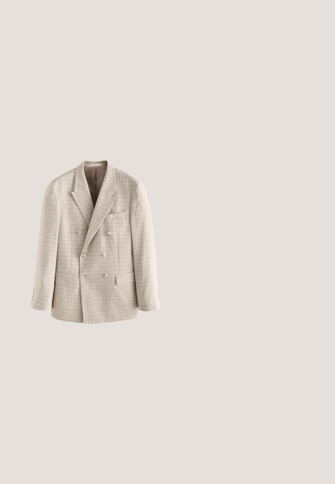 Beige dubbelgebreide blazer gemaakt van textuurstof, met vier knopen, een borstzak en een piek-lapels.; Grijze gebreide cardigan met een V-hals, zes zwarte knopen, geribde manchetten en zoom, en een subtiele logo op de linkerkant van de borst.; Witte lange mouwen overhemd van katoen, met een borstzak met tonale borduring, een kraag en knopenmanchetten.; Beige, rechte broek met een gladde textuur, enkele knoopsluiting en twee voorplooien, met riemlussen en zonder zakken.; Zwarte leren loafer met lage hak en penny-strap detail, van opzij getoond op een lichtgrijze achtergrond.; Zwarte leren riem met een rechthoekige metalen gesp met matte afwerking. Gladde textuur en eenvoudig ontwerp. Lengte verstelbaar.