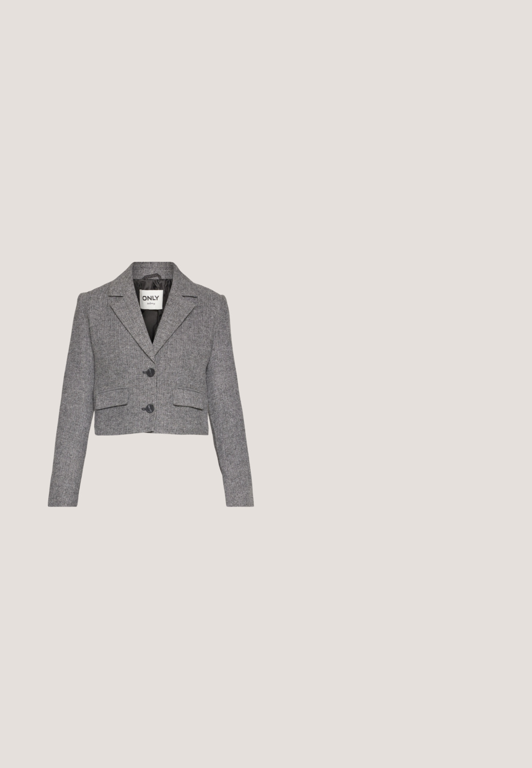 ONLY ONLCORA  CROP  - Blazer - medium grey melange; Zwarte top met lange mouwen en een diepe V-hals, met een decoratieve kantafwerking langs de kraag. Glad stof met een aansluitend ontwerp.; Grijze geruite broek met een relaxte pasvorm, een elastische tailleband en een subtiele textuur. Flat front met verticale naden die langs de benen lopen.; Zwarte leren loafers met textuurelementen, lage hak, ronde neus en zichtbare stiksels. Model draagt donkere broek en een grijze top.; Zwarte tote bag van getextureerd materiaal, met twee lange handvatten en een eenvoudig, minimalistisch ontwerp zonder zichtbare hardware.; Zilverkleurige oorringen met een gladde, ronde vorm en een gepolijste afwerking. Beide oorbellen zijn van dezelfde grootte en hebben een veilige sluitmechanisme.
