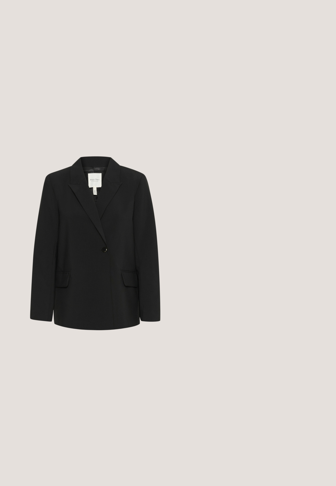 Sort skræddersyet blazer med spids revers, enkelt knaplukning, to frontlommer og en glat tekstur. Foret indre synligt.; Stribet kortærmet sweater i sort og hvid med rund halsudskæring og ribkant, fremstillet af et blødt strikket materiale.; Sorte, vide benbukser med en glat overflade. Har en tætsiddende livlinje og rene, skræddersyede linjer for et minimalistisk design.; Sort lædersko uden snørebånd med en spids tå, moderat højde på stilet-hælen og glat tekstur. Minimalistisk design med diskrete indvendige detaljer.; Sort læderhåndtaske med buet top-håndtag, aftagelig skulderrem og lille guldfarvet dekorativt vedhæng på lynlås-trækkeren.; Glatt, shiny guld cuff øreclip med et tykt, afrundet, åbent design og poleret reflekterende overflade på en hvid baggrund.