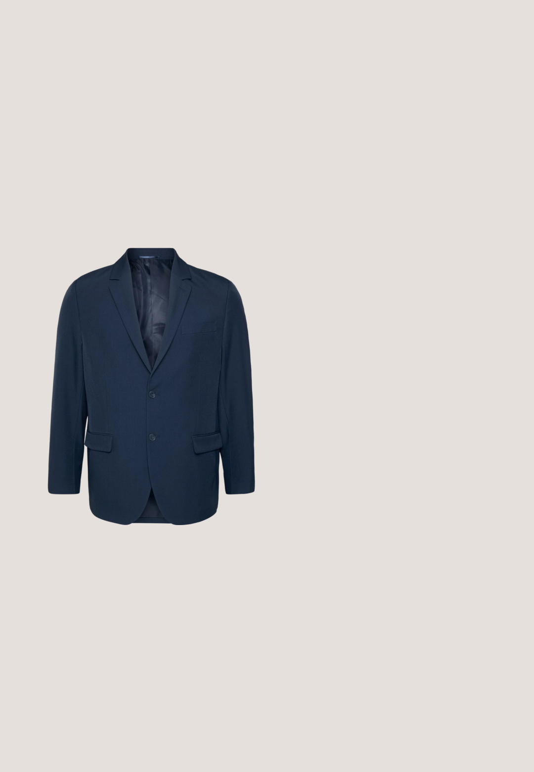 Marineblazer mit zwei vorderen Knöpfen, notched Revers und zwei Seitentaschen. Glatte Textur mit einem Satin-Innenfutter.; Navyblaues Hemd mit Knopfleiste aus glattem Stoff, klassischem Kragen, langen Ärmeln und einer Knopfleiste vorne mit passenden Knöpfen.; Jeans aus Denim in einem mittleren Blauton, mit einem geraden Bein Design, fünf Taschen-Stil und einem Knopfverschluss an der Taille.; Schwarzer Leder-Herreno-xford-Schuh mit geschlossener Schnürung, Kappzehen und niedrigem, gestapeltem Absatz, in Seitenansicht auf hellgrauem Hintergrund gezeigt.; Bordeauxfarbene Seidenkrawatte, schmale Form mit einheitlicher Textur. Merkmale sind eine spitze Spitze, gleichmäßige Farbe und glatte Oberfläche.; Schwarzer Ledergürtel mit einer silbernen Metallschnalle, verfügt über eine glatte Oberfläche und ein klassisches Design. Der Gürtel ist aufgerollt, mit dem Ende nach oben gerichtet.