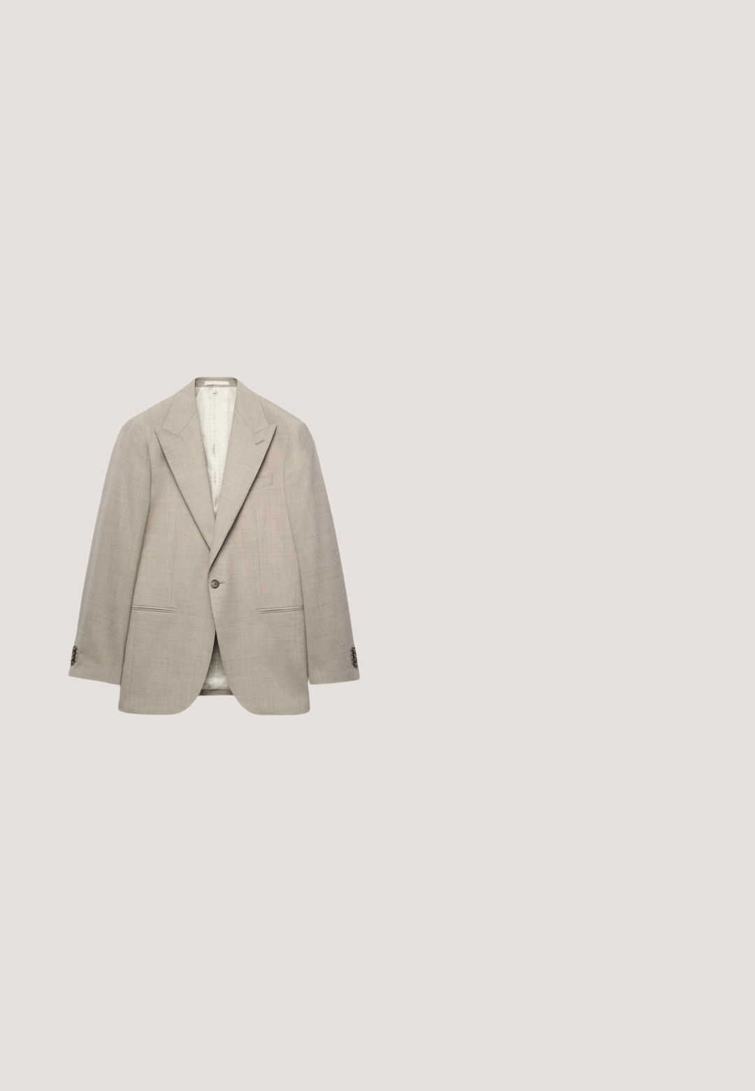 Beige herengeblazer met één knoop, met inkeping revers, twee voorzakken met biezen en knopen aan de manchetten, getoond op een witte achtergrond.; Witte overhemd met lange mouwen en knopen, klassieke kraag en knoopmanchetten, plat weergegeven op een witte achtergrond.; Grijze formele broek met riemlussen, knoopsluiting aan de voorkant en zijzakken, plat liggend op een witte achtergrond.; Zwarte leren herenloafer met gestikte details, lage gestapelde hak en een smalle band over de bovenzijde, zijaanzicht op een witte achtergrond.; Daniel Wellington horloge met een witte gestructureerde wijzerplaat, roségouden kast, zwarte leren band en een kleine blauwe sub-dial onderaan.; Zwarte leren riem met een gladde textuur en een rechthoekige metalen gesp, met een eenvoudig ontwerp zonder zichtbare patronen of accenten.