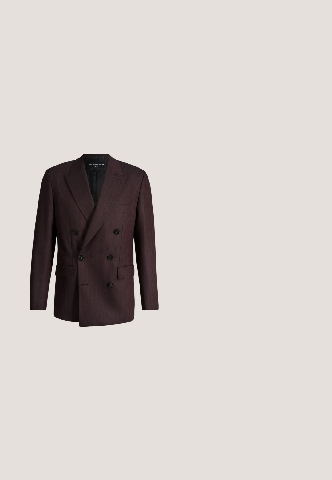 Veste pour homme marron foncé à double boutonnage avec revers crantés, six boutons noirs et poches à rabat, présentée sur fond blanc.; Chemise à manches longues rayée rouge et blanche avec col mandarin, fermeture par boutons et petit logo sur la poitrine. Tissu en coton.; Chinos bordeaux à coupe droite, dotés d'une ceinture en cuir marron. Tissu lisse avec un design épuré et classique sans motifs visibles.; Chaussure en cuir verni bourgogne foncé avec un bout arrondi, un laçage et une semelle noire robuste avec des crampons proéminents pour une meilleure adhérence.; Cravate bordeaux avec un motif diagonal texturé. Forme fine et pointe pointue. Fini en tissu lisse. Ne présente pas de matériel ou d'accents visibles.; Ceinture en cuir bordeaux avec une boucle rectangulaire en argent, présentant des bords cousus et une texture lisse, conçue pour la durabilité et le style.