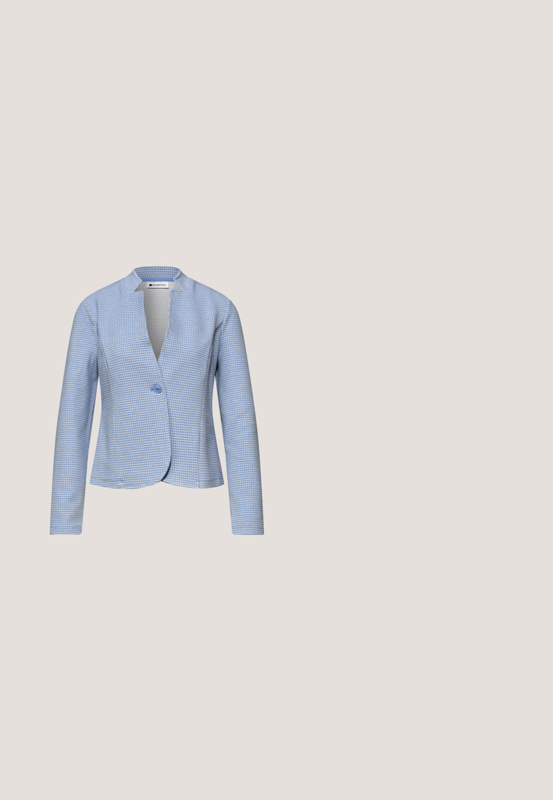 Lyseblå tekstureret blazer med lange ærmer, enkelt knaplukning foran og en mandarinkrave, skræddersyet pasform.; Lyseblå kortærmet t-shirt med rund hals, drop shoulder-design og blød tekstur. Har en let løs pasform og minimal syning.; Lyseblå bukser med lige ben, høj talje, sømdetalje foran og en glat, skræddersyet finish.; Lysblå ruskinds slingback hæl, spids tå, justerbar ankelrem med metalspænde, naturlig beige indersål og lav hæl.; Blå lædertaske til tværgående bæltetaske med justerbar rem og gyldent rektangulært lås på frontklappen.; Elastisk armbånd med runde lyseblå perler og små gyldne ringe, med en gylden vedhæng med et indgraveret due-symbol.