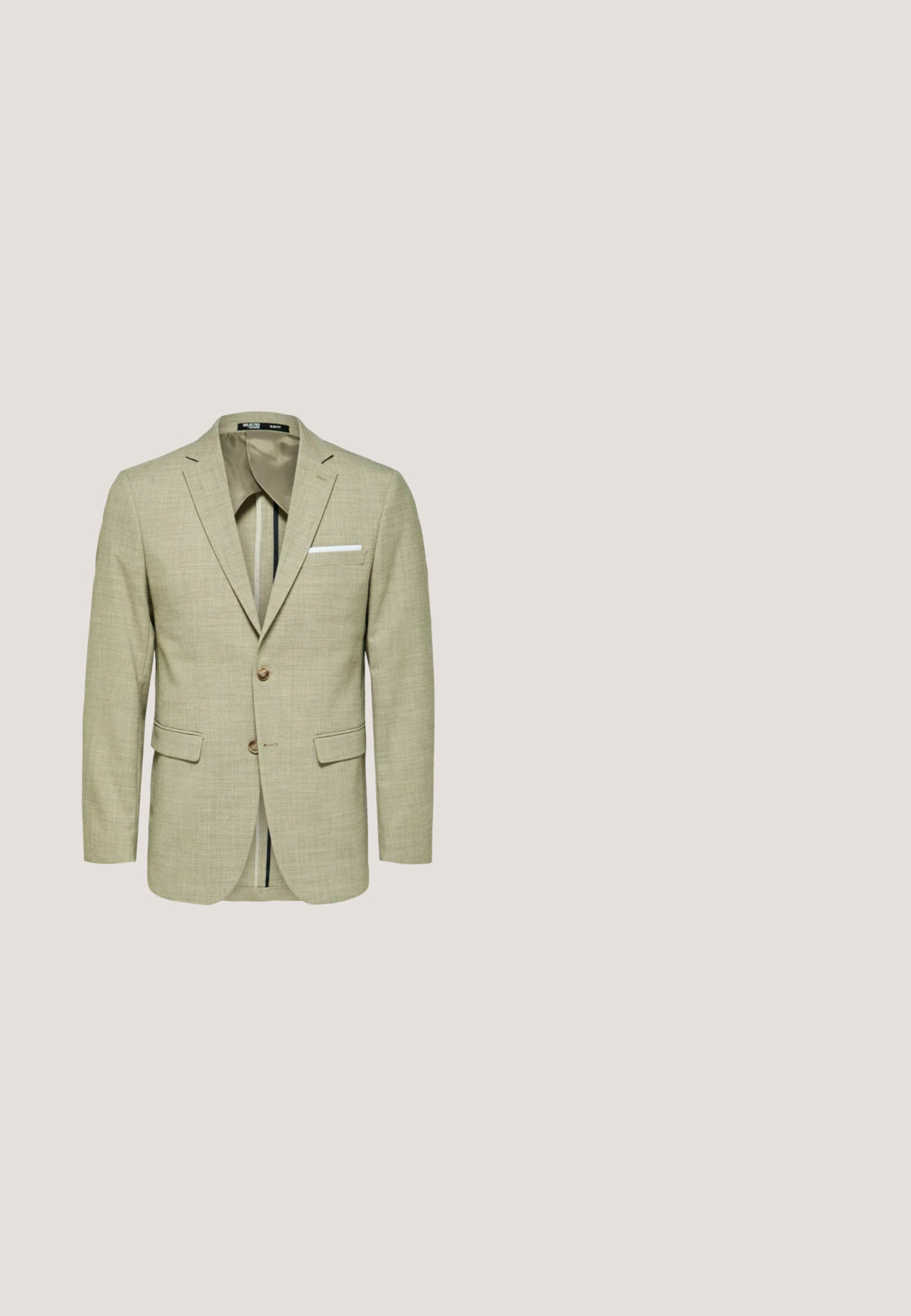 Lys beige blazer med en tekstureret stof, to frontlommer, to knapper og et hvidt brystlommehåndklæde. Slim fit design med kontrastfor.; Beige langærmet skjorte med knapper lavet af glat stof, med spidse kraver, frontplacket med knapper og en skræddersyet pasform.; Beige letvægts tætsiddende bukser med snor i taljen, glat front og minimale rynker. Har bæltestropper og sidelommer.; Beige snørebåndssko i blødt ruskind, med spids tå, minimalt syninger og en træhæl. Glat overflade og enkelt design.; Lys beige slips med et subtilt diagonalt stribemønster, lavet af glat stof, med en spidse ende og en flad bredde hele vejen igennem.; Brun læderbælte med en glat overflade, der har en sølvmetalspænde og minimalistisk design. Bæltet har en rund ende og præcise syninger.