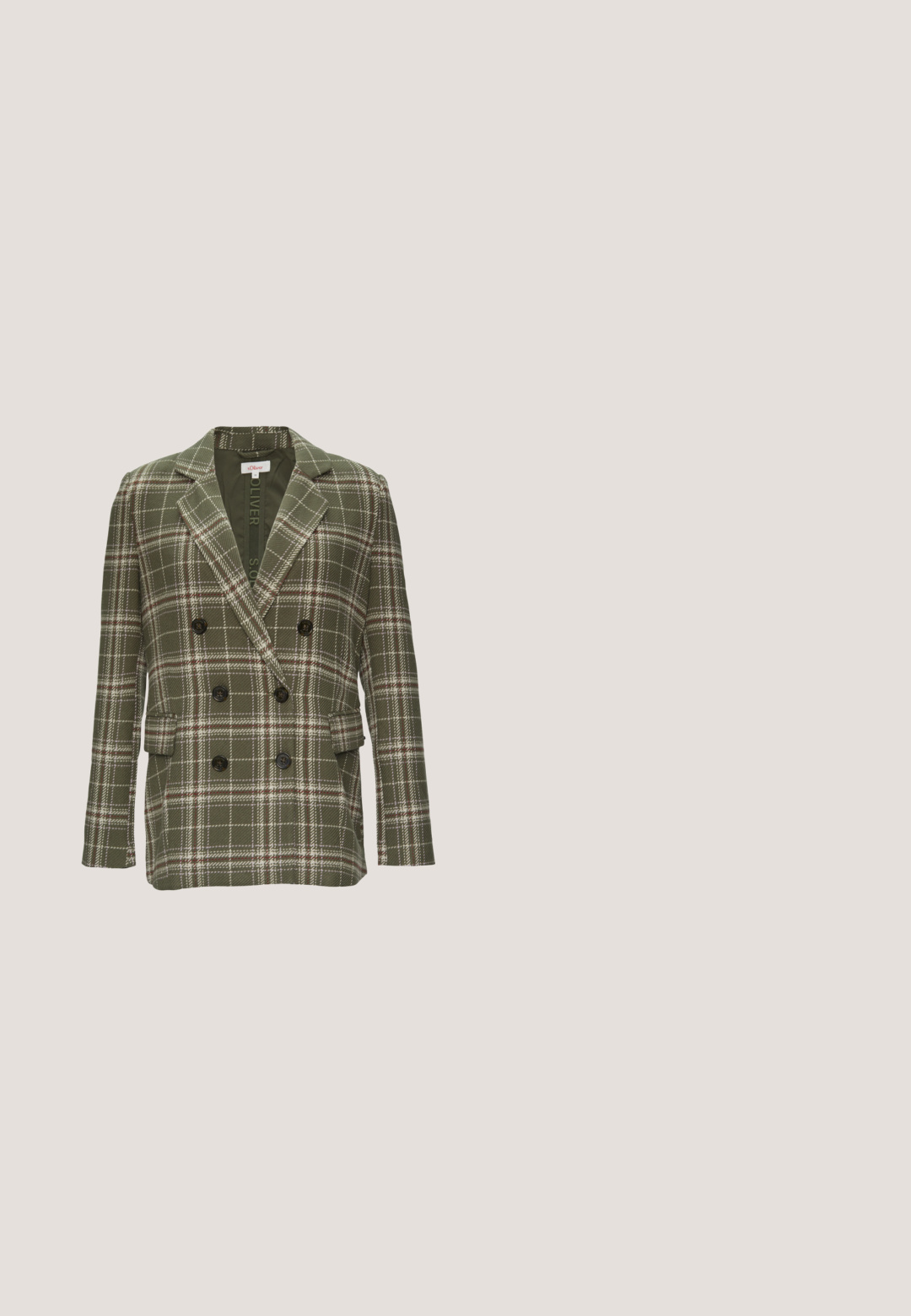 Blazer double boutonné à carreaux verts et blancs avec des boutons foncés, des revers aigus et deux poches latérales. Tissu texturé avec une coupe ajustée.; Pull en tricot vert olive avec des rayures horizontales blanches, manches courtes et col rond. Texture douce avec une coupe décontractée.; Pantalons à jambes larges en tissu vert foncé à motif écossais, avec deux poches avant et des accents de couture jaunes.; Baskets basses en daim vert olive avec talon blanc, lacets roses, bandes blanches sur les côtés et semelle en caoutchouc marron.; Sac à bandoulière en cuir vert olive avec un design rectangulaire, fermeture à rabat, sangle réglable et logo embossé à l'avant.; Crochets muraux verts et dorés avec une finition lisse et brillante. Présente un design incurvé et un support transparent pour le montage.