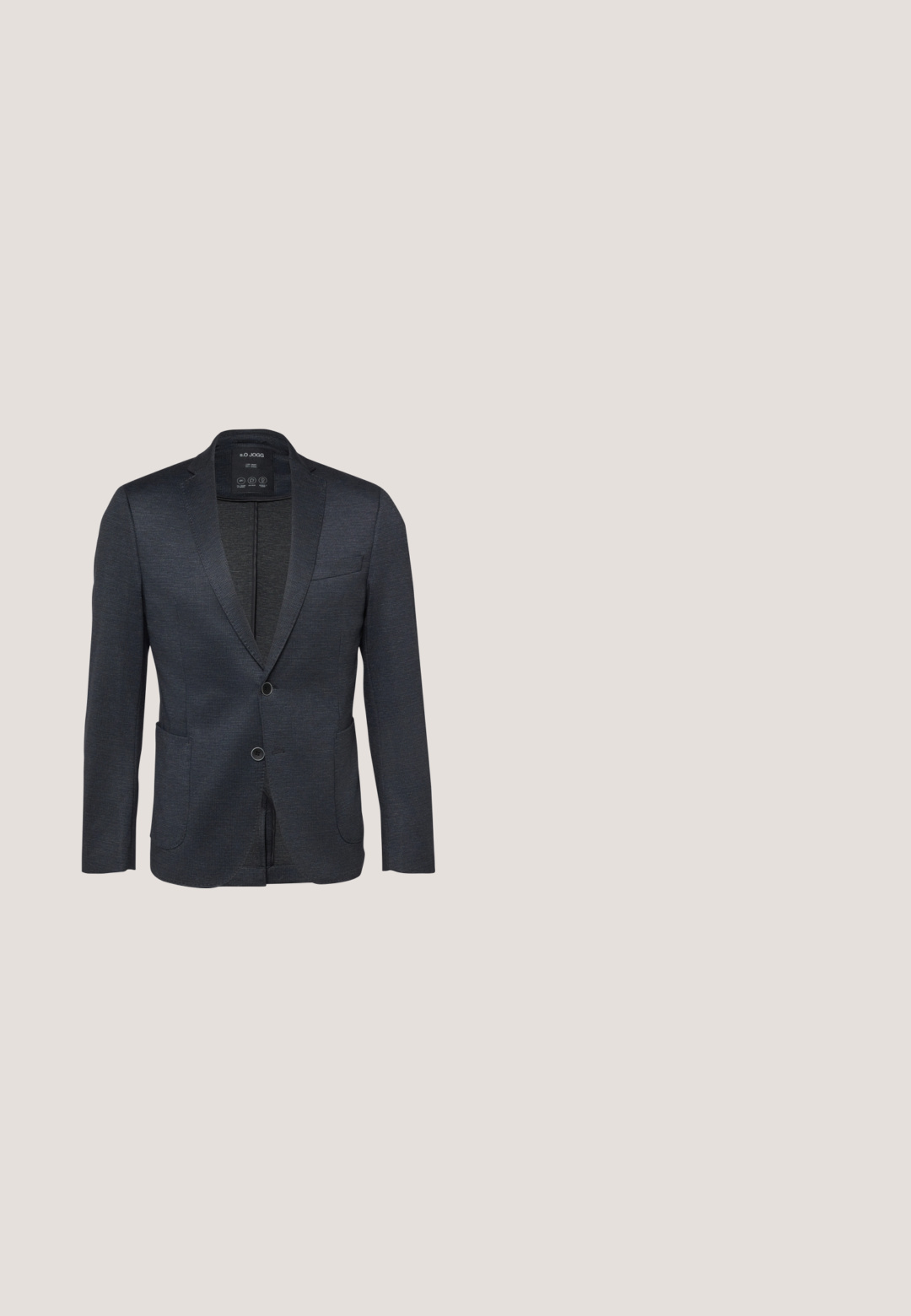 Donkergrijze herensblazer met ingezette revers, twee knopen aan de voorkant, borstzak en twee onderste opgestikte zakken, afgebeeld op een witte achtergrond.; Lichtblauwe longsleeve shirt van gladde stof, met een knoopsluiting aan de voorkant, standaardkraag en knoopmanchetten.; Hackett London POW KEN - Pantalon - navy; ALDO PORTOS PILLOW WALK - Zakelijke loafers - black; Zwarte gestructureerde leren crossbodytas met voorvak met rits, verstelbare schouderband en zilveren Tommy Hilfiger-logo onderaan in het midden.; Zwarte leren riem met een zilverkleurige rechthoekige metalen gesp en een zwarte lus met het geperste woord "GUESS".