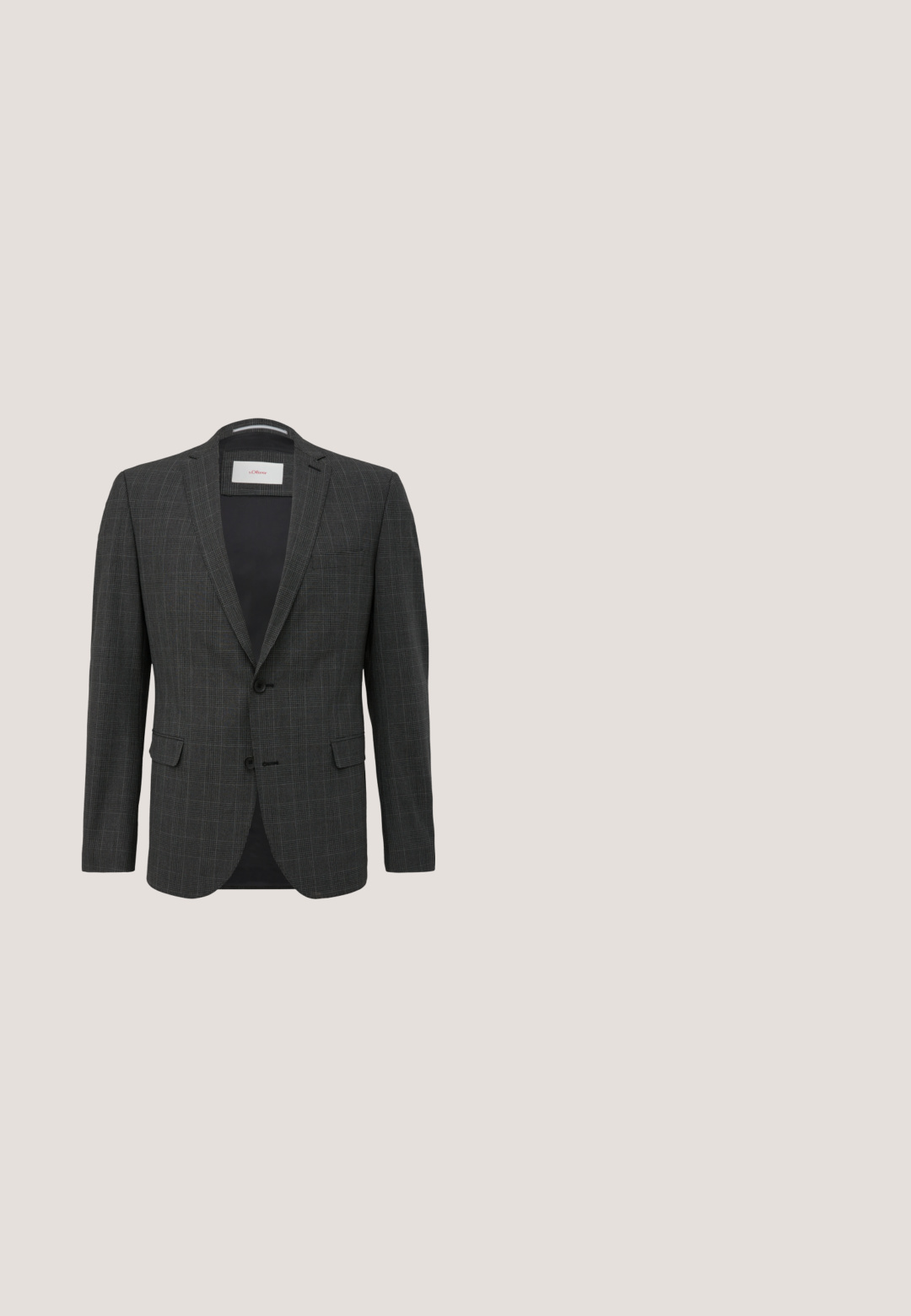 Grijze blazer met patroon, slim fit, met notch revers, twee voorkeurszakken en twee knopen. Gevoerde binnenkant met een zichtbaar label.; Zwarte longsleeve shirt van gladde stof, met een klassieke kraag, sluiting aan de voorkant met knopen en knoopmanchetten.; Zwarte, op maat gemaakte nette broek met een rechte pijp, riemlussen, vouw aan de voorkant en zijzakken, getoond tegen een effen witte achtergrond.; Zwarte leren nette schoen met een glad oppervlak, veterontwerp, spits toelopende neus en een rubberen zool met laag profiel. Minimalistische vorm en accenten.; Smalle zwarte stropdas met een gestructureerd, diagonaal ribbelpatroon. Beschikt over een spitse punt en een gladde afwerking. Geschikt voor formele kleding.; Zwarte leren riem met een matte zwarte metalen gesp, met een gladde textuur en eenvoudig ontwerp. Verstelbare lengte met een taps toelopend uiteinde.
