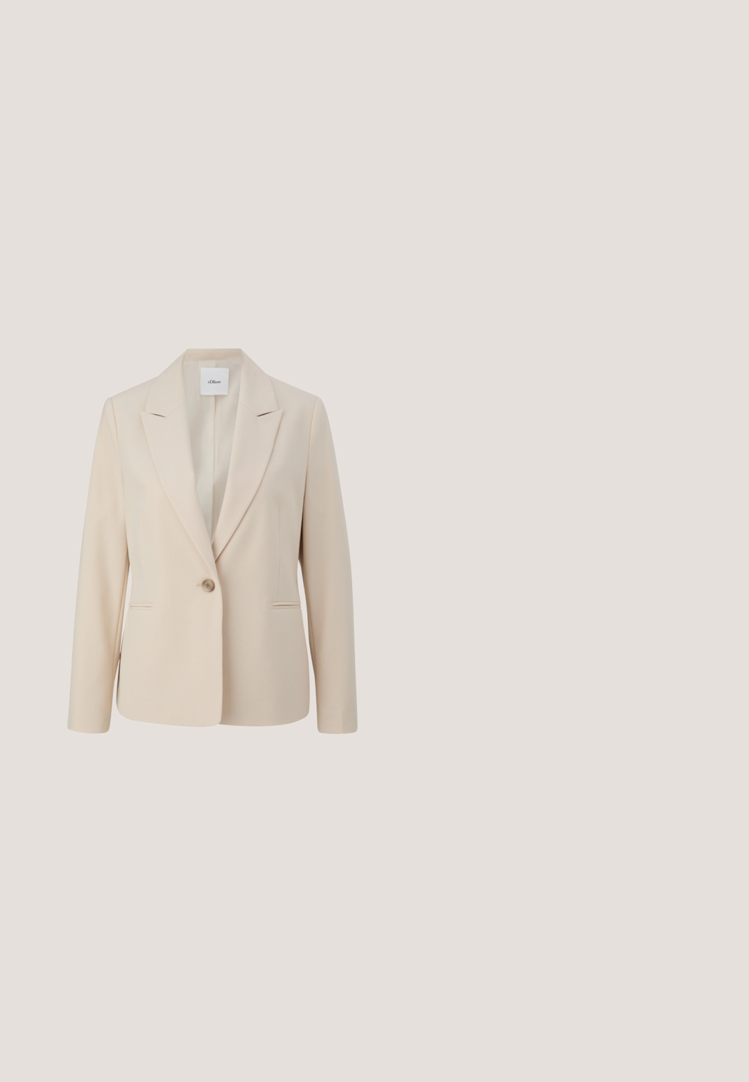 Lichtbeige damesblazer van textuurstof. Heeft een notch-lapel, een enkele knoopsluiting en twee voorzakken.; Witte blouse met lange mouwen, een diepe V-hals, zacht satijnachtig materiaal en gathered manchetten voor een relaxed fit.; Lichtbeige wijde broek gemaakt van textuurstof, met een hoge taille, plooien aan de voorkant en zijzakken voor extra functionaliteit.; Beige leren loafer met lage hak, voorzien van een goudkleurige metalen gespsluiting en een kleine blokhak, zijaanzicht op een witte achtergrond.; Beige leren totebag van Coccinelle met twee handvatten en geperst merkteken aan de voorkant, rechthoekige vorm, eenvoudig en elegant ontwerp.; DIAMANT L'ÉTERNEL DICS - Ketting - yellow gold-coloured