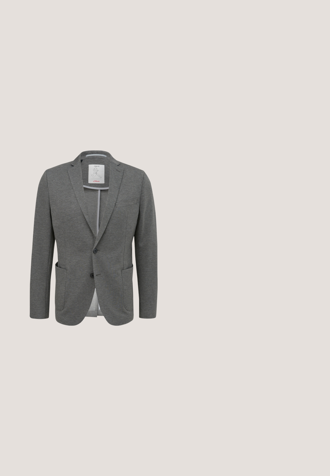 Blazer gris hecho de tela texturizada. Presenta solapa con muesca, dos bolsillos frontales y cierre de un botón. Incluye un forro interior.; Polo de manga larga azul claro con tapeta de botones y cuello, tela texturizada y etiqueta de marca cerca del dobladillo.; Pantalones negros hechos de tela suave, con un diseño de pierna recta, cremallera en la bragueta, cierre de botón y trabillas para el cinturón. Estilo básico y funcional.; Mocasín tipo slip-on de ante marrón con suela texturizada tejida y un detalle de correa simple en la parte superior, mostrado de perfil sobre fondo blanco.; Bolso cruzado gris con una textura suave, forma rectangular, correa ajustable, bolsillo con cremallera en la parte frontal y un logotipo de marca sutil en la parte delantera.; Cinturón de ante marrón enrollado con una hebilla cuadrada de metal plateado sobre un fondo blanco.