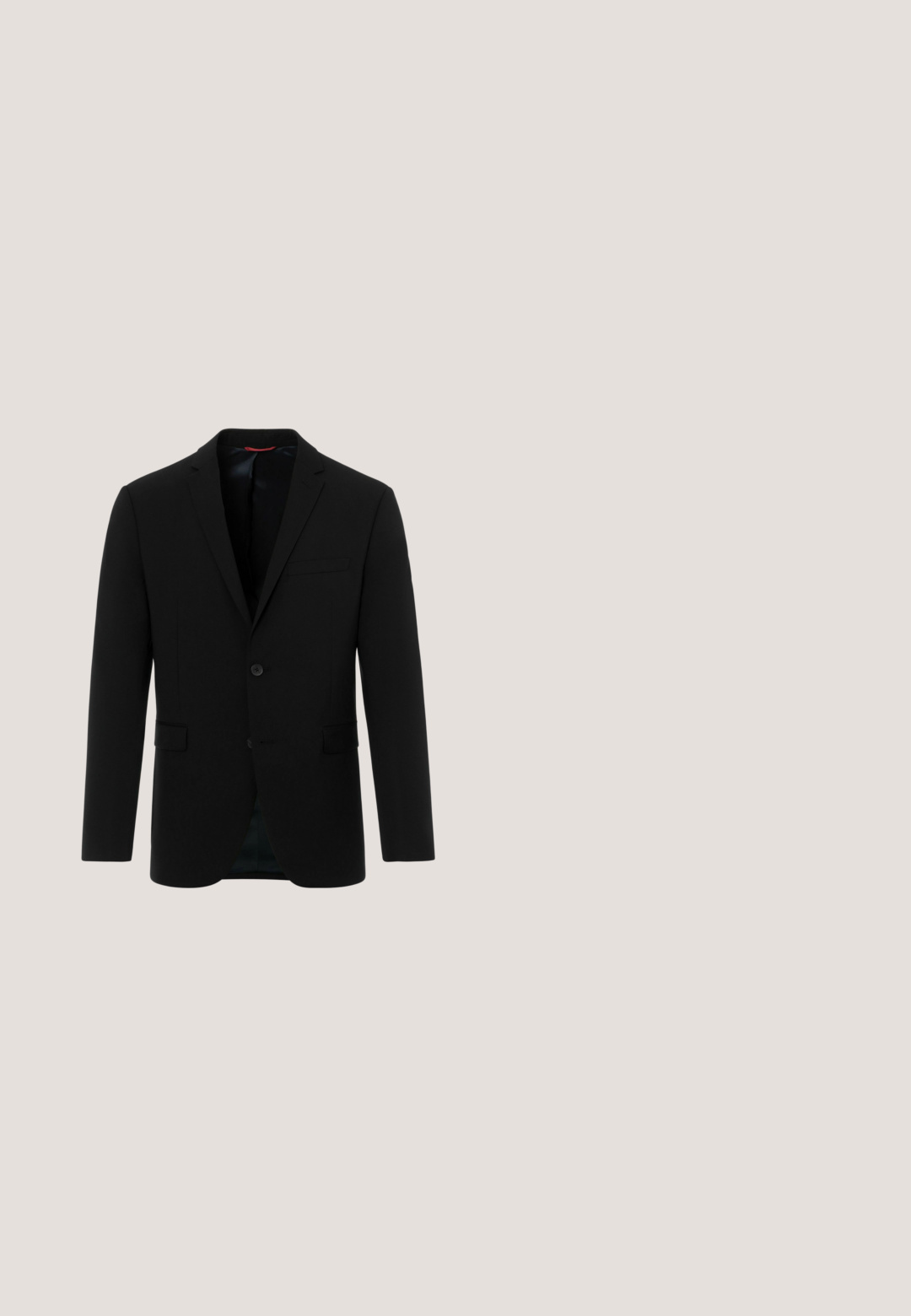Schwarzer Blazer aus glattem Stoff, mit Reverskragen, Ein-Knopf-Verschluss und zwei vorderen Taschen. Klassisches, tailliertes Design.; Weißes Langarmhemd mit einem Kragen, einer Knopfleiste vorne mit schwarzen Knöpfen und einer einzelnen Brusttasche. Glatter Stoff mit einer strukturierten Passform.; Schwarze Anzughose mit taillierter Passform, geraden Beinen, Gürtelschlaufen und ohne sichtbare Muster oder Verzierungen. Klassisches Design.; Schwarzer Lacklederschuh zum Hineinschlüpfen mit abgerundetem Zehenbereich und elastischem Band über dem Mittelfuß. Niedriger, polierter Absatz. Glatte Textur.; Next SIGNATURE  - Fliege - black; Schwarzer Ledergürtel mit rechteckiger, schwarzer Metallschnalle, die eine dezente horizontale Textur aufweist, vor weißem Hintergrund dargestellt.