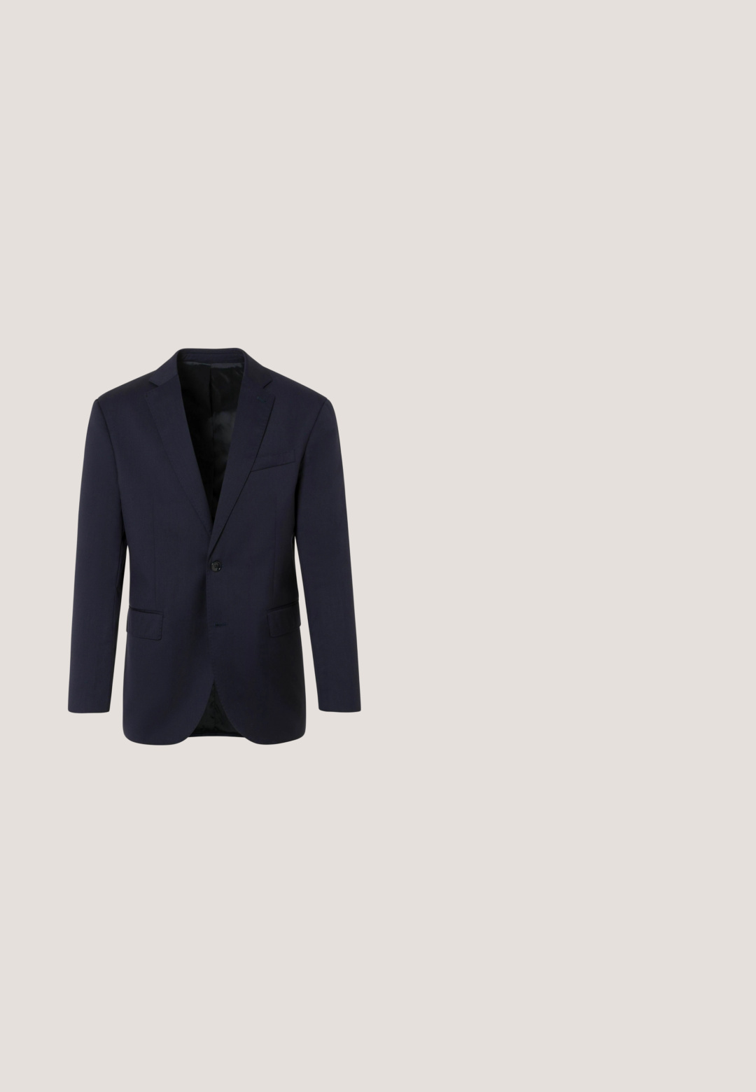 Thomas Goodwin MODERN-FIT - Anzugsakko - dunkelblau; Himmelblaues Langarmhemd aus Baumwolle mit spitzem Kragen, Frontknöpfen und abgerundetem Saum. Glatte Textur ohne Muster.; Marineblaue Anzughose mit geradem Schnitt, Bund und ohne sichtbare Taschen. Hergestellt aus einem strukturierten Stoff mit glatter Oberfläche.; Schwarzer Herrenschuh aus Leder mit Schnürverschluss und niedrigem gestapeltem Absatz auf einem einfarbigen hellgrauen Hintergrund.; Marineblaue gestrickte Krawatte mit einem strukturierten Muster, flach auf weißem Hintergrund dargestellt.; Schwarzer Ledergürtel mit glatter Oberfläche, ausgestattet mit einer silberfarbenen Doppelprong-Schnalle und gestickten Kanten. Klassisches Design ohne Muster.