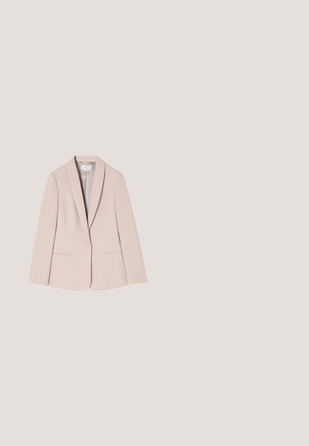 Lys beige blazer med en enkelt knaplukning, stiklinger, to forlommer og en glat overflade. Skræddersyet pasform med lange ærmer.; Lyserød ærmeløs top lavet af glat stof. Har en rund halsudskæring og et minimalistisk design med subtile sidelommer.; Lys beige skræddersyede bukser med en glat tekstur, der har en lige pasform, to frontfolder og ingen synlige lommer.; Beige slingback flade lavet af blødt ruskind, med en slank spids tå, dekorative guldmetal accenter og et minimalistisk design.; Beige læderhåndtaske med øverste håndtag, justerbar skulderrem og frontklap sikret med en rektangulær guldlås.; Delikat gylden kædearmbånd med en halvmåneformet vedhæng med en central perle og små omgivende krystaller.