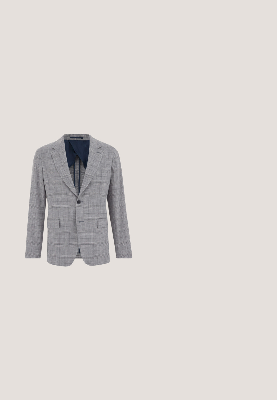 Grau karierter Blazer mit Reverskragen, einzelnem Knopfverschluss und zwei vorderen Taschen. Das Innere zeichnet sich durch ein kontrastierendes marineblaues Futter aus.; Langärmliges schwarzes Hemd zum Knöpfen mit spitzem Kragen und geknöpften Manschetten, dargestellt auf hellgrauem Hintergrund.; Helle blaue Leinenmischungshosen mit elastischem Bund und einem einzigen Knopfverschluss. Gerade Beinform, strukturierter Stoff, keine Muster.; Braune Wildleder Slipper mit glatter Textur, gesteppten Akzenten und Gummisohlen. Verfügt über minimale Beschläge für ein einfaches An- und Ausziehen.; Schwarze rechteckige Umhängetasche mit vorderer Reißverschlusstasche, silbernem Reißverschluss und verstellbarem Riemen mit eingeprägtem Markennamen.; Geflochtenem grauer Gürtel mit einer silbernen Metallschnalle, die ein strukturiertes Design und glatte Lederakzente in der Nähe der Schnalle und an der Spitze aufweist.