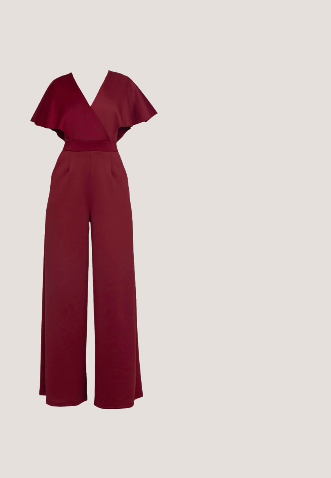 Combinaison bordeaux avec un décolleté en V profond, des manches larges et une taille cintrée. Caractéristiques d'un design à jambes larges et d'un tissu texturé.; Veste courte en dentelle bordeaux avec manches longues, col plié et motif floral en dentelle, fabriquée par VILA, présentée sur un fond uni.; Sandale à talons hauts argentée pailletée avec bout ouvert, design à lanières croisées, sangle de cheville réglable et dessus texturé.; Lunettes de soleil carrées avec montures en métal doré et verres dégradés gris foncé reposant sur une surface blanche.; Pochette en maille dorée avec un rabat triangulaire, une bandoulière en chaîne et une finition lisse. Forme rectangulaire compacte avec un léger éclat.; Boucles d’oreilles pendantes ton or avec motifs floraux en cristal rose et clair et fermoirs à levier sur fond blanc.