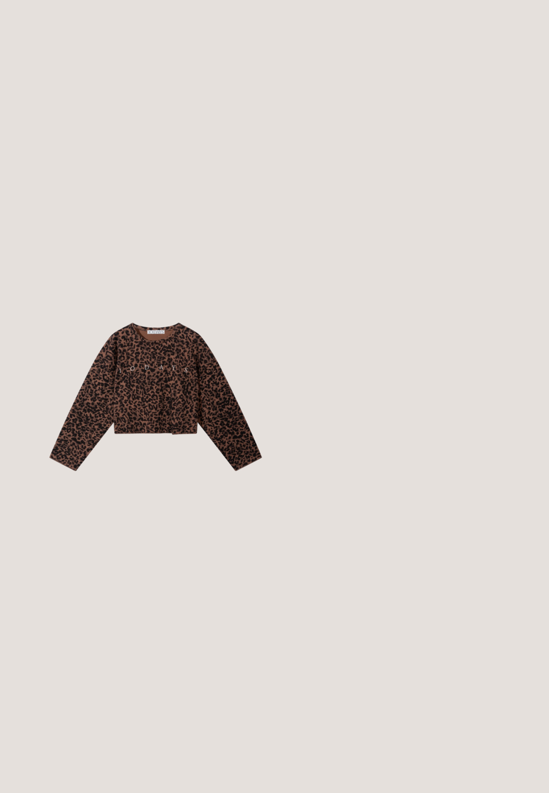 Korte langærmede top i brun med leopardmønster. Har en rund halsudskæring og blød tekstur, med et logo trykt på forsiden.; Leopardmønstret skjorte med knaplukning, lange ærmer, to brystlommer og krave. Fremstillet af blødt stof med en varm farvepalet.; Leopardprint bukser lavet af blødt stof, med en afslappet pasform, vide ben og en elastisk talje i beige og brune nuancer.; Sneakers med leopardmønster og platform, sorte snørebånd, tekstureret materiale og gule syninger på en tykk sort gummisål.; Skuldertaske i leopardmønstret stof med en bred, asymmetrisk form, tekstureret overflade og en enkelt, polstret skulderrem.; Øreringe med guldfarvet tone i hoop-stil med flere lagdelte bånd, en glat tekstur og et lille hængsel til lukning.