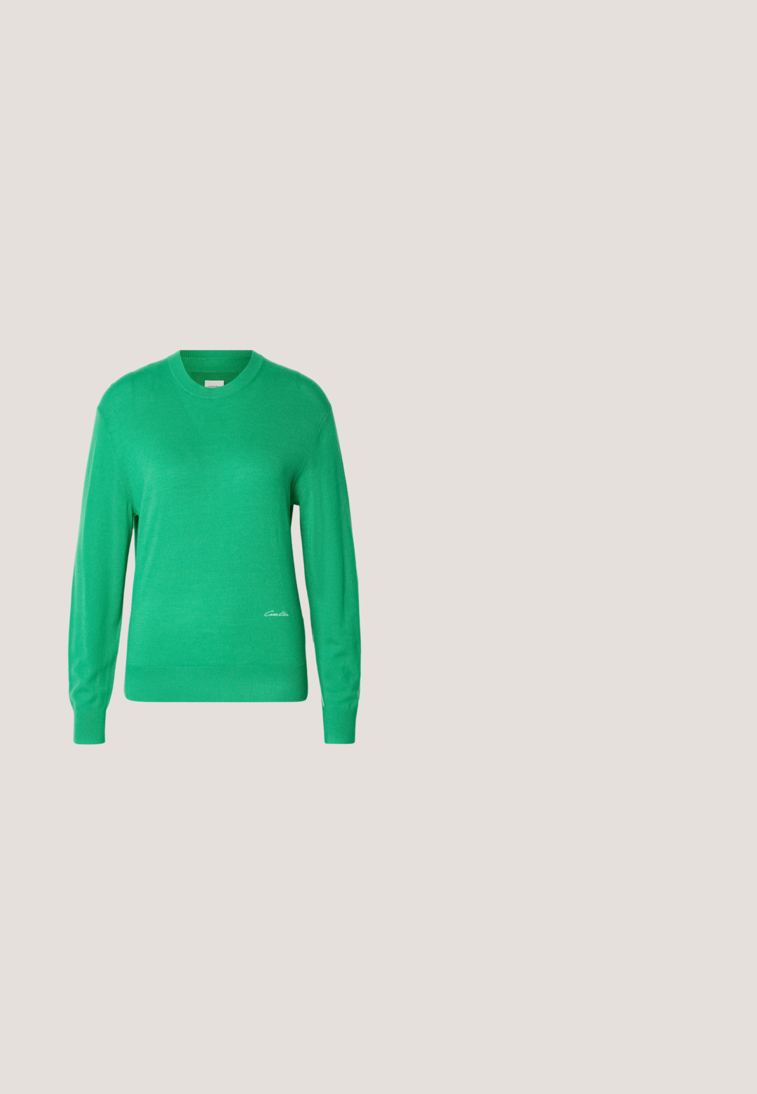 Grøn strikket sweater med rund hals, lange ærmer og ribbede manchetter. Har et lille hvidt logo på venstre side nær kanten.; Mørkegrøn omslagsnederdel lavet af glat stof, med en asymmetrisk nederkant og et sømløst taljebånd for et rent design.; Sort læderspids højhælede sko med tynd rem og spænde over vristen, stående på en neutral lys baggrund.; Store sorte oversized solbriller med geometrisk form, med mørke linser og en kontrasterende grå detalje på stellet. Logo på armen.; Sort læder skuldertaske med kurvet form, justerbar rem og gyldent "cK" logo foran i midten.; Par guldtonede hoop øreringe med lille sølvfarvet loop-detalje på hver, vist mod lysegrå baggrund.
