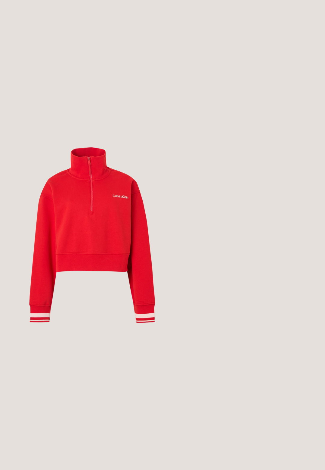 Sweat-shirt court rouge avec demi-fermeture éclair, col montant, manches longues, poignets rayés et logo "Calvin Klein" blanc sur la poitrine.; T-shirt blanc court en tissu lisse. Présente un col rond, des manches courtes et un cordon de serrage en bas pour des ajustements.; Pantalons de survêtement rouges en coton avec une taille élastique et une coupe relaxée. Présente un petit logo blanc "Calvin Klein" en bas à gauche.; Baskets en toile blanches avec une semelle blanche épaisse, présentant un accent argent métallique au niveau du talon et un subtil logo sur le côté.; Sac à main rectangulaire blanc Calvin Klein avec une seule poignée, design minimaliste et pampilles décoratives avec un charm métallique géométrique sur le côté.; Calvin Klein SPIRAL - Bracelet - silver-coloured