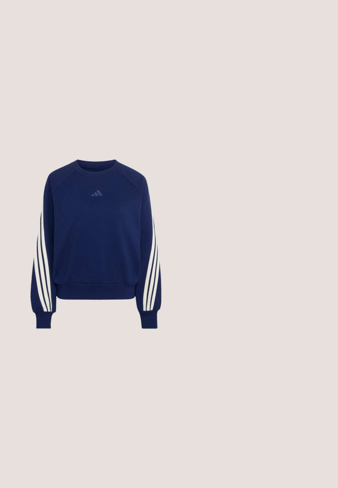 Laivaston sininen pyöreäkauluksinen pitkähihaisen collegepaita, valkoiset kolmoisraidat hihoissa ja pieni Adidas-logo rinnan keskellä.; Tummansininen adidas vetoketjullinen mekko pitkillä hihoilla, vaaleansiniset raidat käsivarsilla ja logo rinnassa. Sileä kangas, joka on urheilullisen näköinen.; Sininen mokkainen lenkkari, jossa on kermaiset raidat ja nauhat, kumipohja, teksturoitu pinta, pyöristetty kärki ja sivussa brändäys.; Mustat kissansilmälasit vaaleanruskeilla sävytetyillä linsseillä ja pienillä koristepisteillä saranan lähellä.; Laivastonsininen Adidasin puolikuun muotoinen olkalaukku, jossa on lyhyet kahvat, säädettävä hihna ja kultaiset vetoketjut.; Hopeakorvakorut, joissa on kiertynyt muotoilu. Sileä pinta, pyöreä muoto ja kiillotettu viimeistely. Sisältää nastakiinnityksen turvalliseen käyttöön.