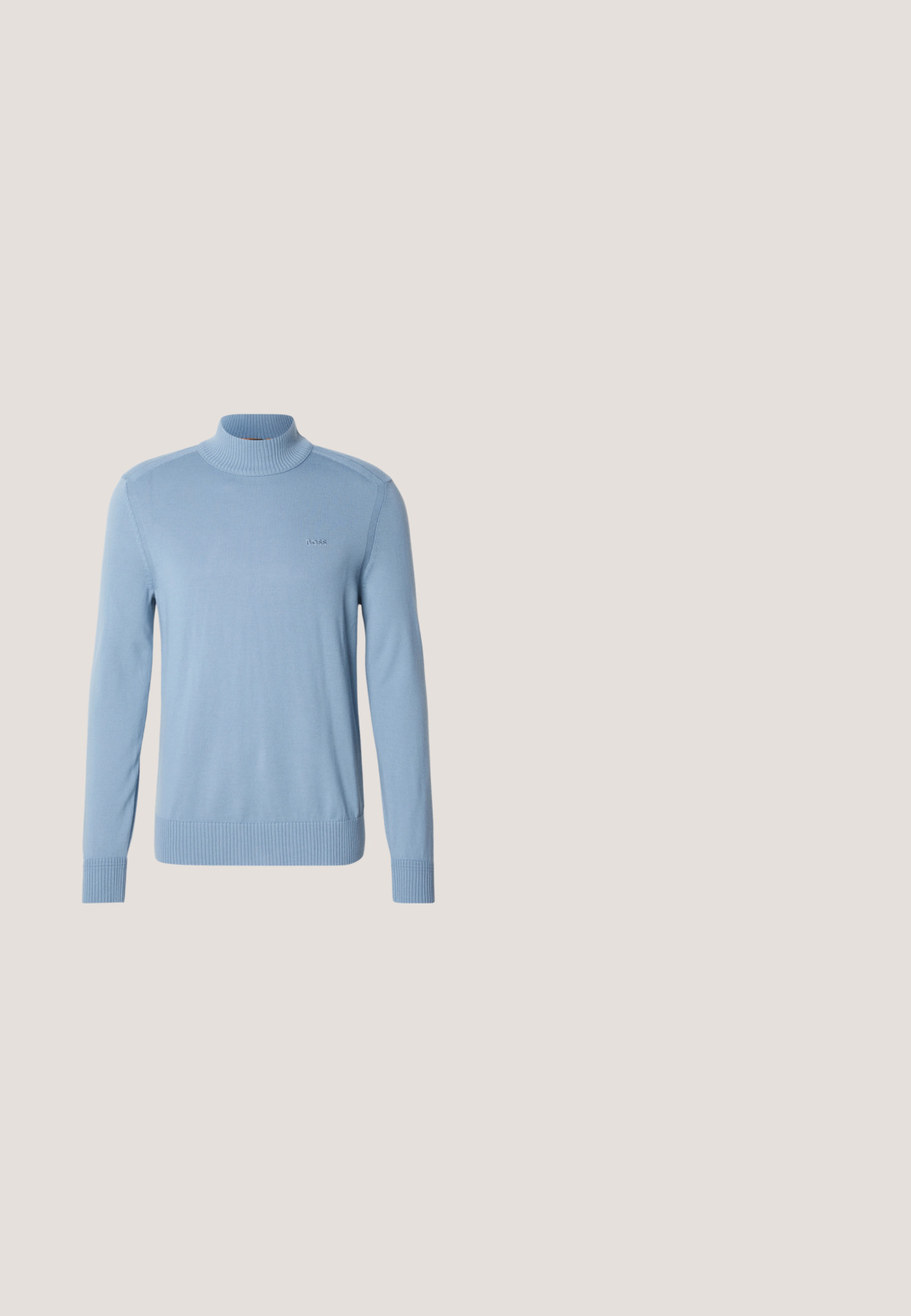 Lichtblauwe turtleneck trui van een gladde breisel, met ribgebreide manchetten en zoom, en een klein logo op de borst.; Marineblauwe langemouwen overhemd met knopen, gemaakt van geweven stof, met een klassieke kraag, rechte snit en een voorste knoopsluiting.; Beige op maat gemaakte broek met voorplooien, riemlussen en rechte pijpen, getoond tegen een effen lichte achtergrond.; Witte leren loafers met een gladde afwerking, voorzien van een gestikte accent, een ronde neus en een zwarte rubberen zool voor grip.; Zonnebril met vierkante vorm, donker groene lenzen, dunne gouden metalen montuur en zwarte beugels op een witte achtergrond.; Bruine leren riem met een gladde textuur, voorzien van een rechthoekige zilveren gesp en een enkele pin voor bevestiging. Klassiek ontwerp en duurzaam materiaal.