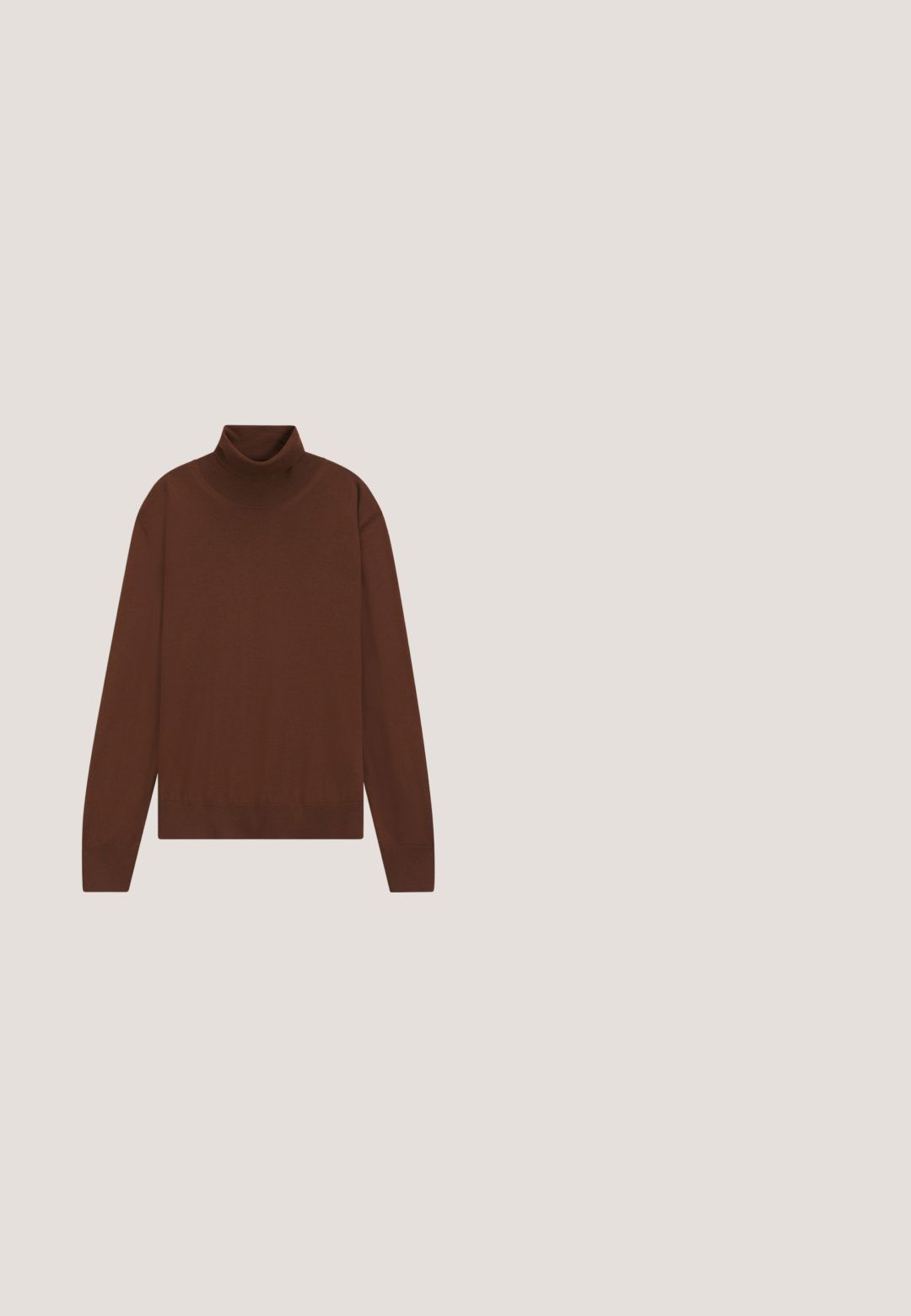 Brauner Langarm-Stehkragenpullover mit geripptem Kragen, Bündchen und Saum, flach auf weißem Hintergrund gelegt.; Lila, gestreifte Hose mit geraden Beinen, taillierter Passform und Fronttaschen. Hergestellt aus leichtem Material, mit Gürtelschlaufen und Bügelfalte.; Braune Leder-Dressschuhe mit runder Spitze, minimaler Naht und glattem Finish. Verfügt über einen niedrigen Absatz und ein einfaches Schnürdesign.; Schmale beige Krawatte mit blauen und grünen Blumenmustern und handgeschriebenem Text auf hellem Hintergrund.; Braune Lederaktentasche mit oberen Griffen, silberner Beschlägen und verstellbarem Schulterriemen auf einfachem, hellem Hintergrund.; Brauner Ledergürtel mit einer rechteckigen silbernen Metallschnalle, die eine glatte Textur und ein klassisches Design aufweist.