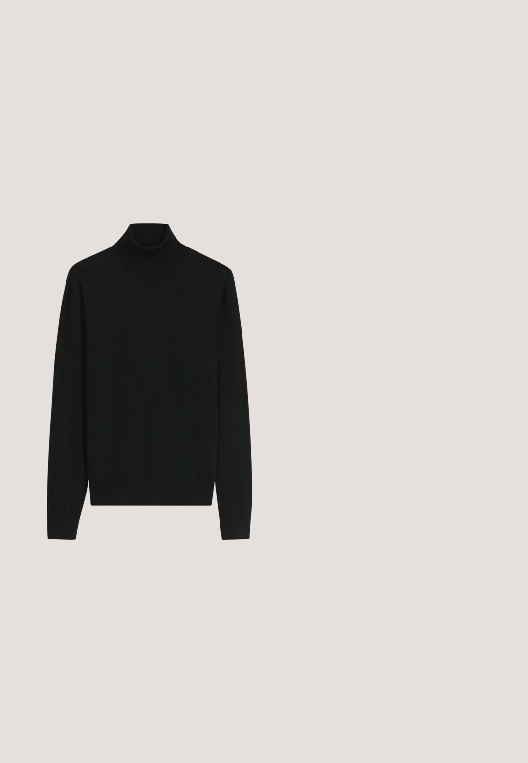 Jersey negro de cuello alto con mangas largas, diseño ajustado y textura lisa.; Pantalones marrones de espiga con un corte ajustado, que presentan un cierre delantero de botón y bolsillos laterales, elaborados en una tela texturizada con un ligero brillo.; Zapato de vestir de cuero negro con punta redondeada, textura suave, costuras mínimas y suela plana con un sutil logo en el tacón.; Corbata gris delgada con un fino patrón de microcuadros blancos colocada sobre una superficie blanca.; Maletín de cuero negro con textura, con asas superiores y correa de hombro desmontable, mostrando un pequeño logo frontal sobre un fondo gris neutro.; Cinturón de cuero negro con un acabado brillante; cuenta con una hebilla de metal plateado con un diseño de marco rectangular y bordes suaves.