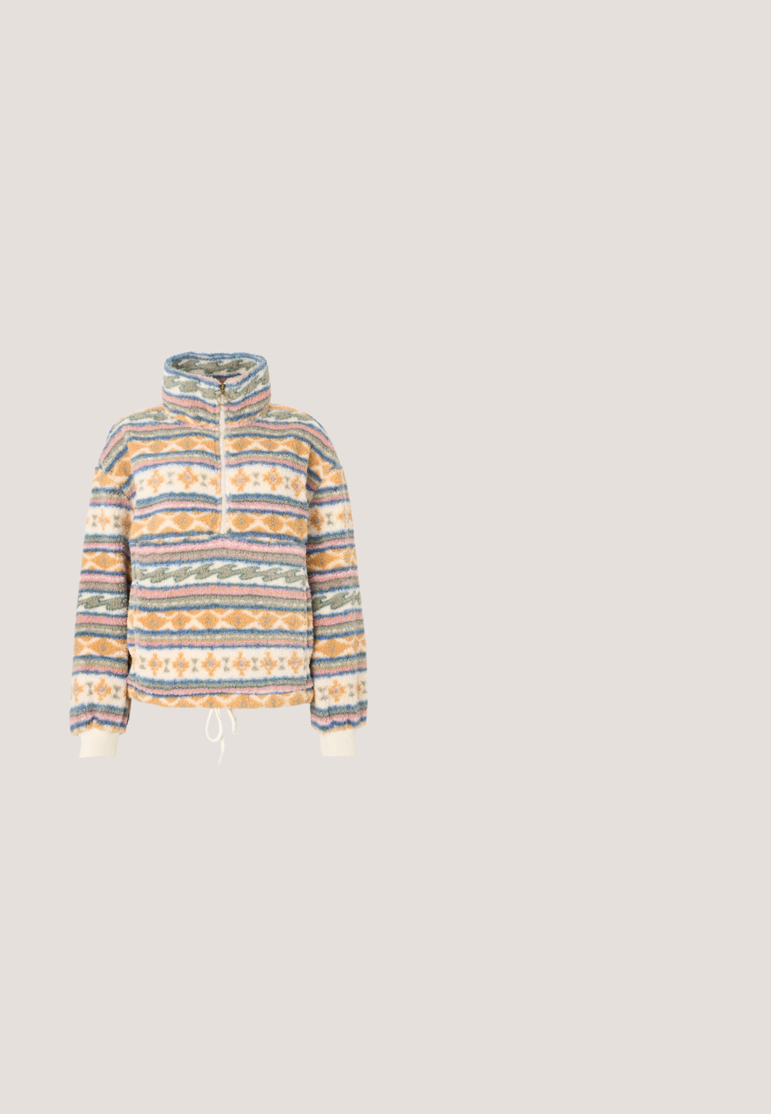Sudadera de forro polar con cuello alto y cremallera hasta la mitad. Presenta rayas verticales multicolores en naranja, azul y crema. Textura suave.; Camiseta de manga corta color melocotón con cuello redondo, con una pequeña flor de hibisco púrpura y texto en cursiva en el pecho izquierdo.; Pantalones de tirantes de pana marrón con piernas anchas, tirantes ajustables y bolsillo frontal. Textura suave con patrón de acanalado vertical.; El zapato cuenta con una parte superior de malla beige con acentos en azul claro, una suela de goma texturizada y un collar acolchado para mayor comodidad. Se puede ver la marca Goodyear.; Bolsa rectangular de tela marrón acolchada con cremallera y un ligero detalle de volante en la parte superior sobre un fondo liso.; Collar con cuentas redondas multicolores y un colgante de jade verde claro tallado con un Buda sonriente.