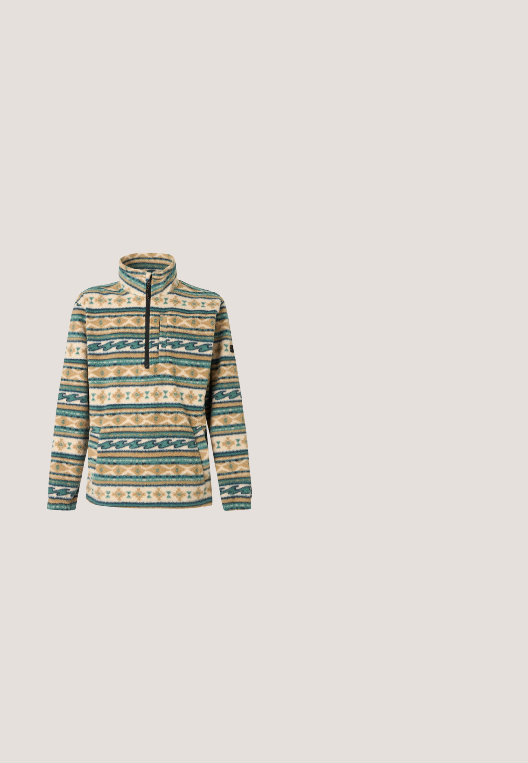 Polaire à enfiler avec col zippé, poche poitrine, poche kangourou et rayures horizontales en motifs géométriques beige, bleu sarcelle, blanc et marron.; Chemise à boutons à motif camouflage dans les tons marron et beige, avec une poche poitrine et une étiquette de logo brodée sur le côté gauche.; Short coloré avec un décor désertique comprenant des cow-boys à cheval, des cactus, des lézards, des grenouilles et une rivière bleue sinueuse sous une ceinture noire.; Baskets de sport grises en mesh et synthétique avec un profil de semelle prononcé, des accents réfléchissants et un design à lacets, associées à un pantalon noir ample.; Lunettes de soleil à monture noire avec un design enveloppant et des verres orange miroir, posées sur un fond clair uni.; Sacoche en tissu marron avec deux poches zippées, des sangles réglables et un patch logo sur le devant. Texture lisse, forme rectangulaire.