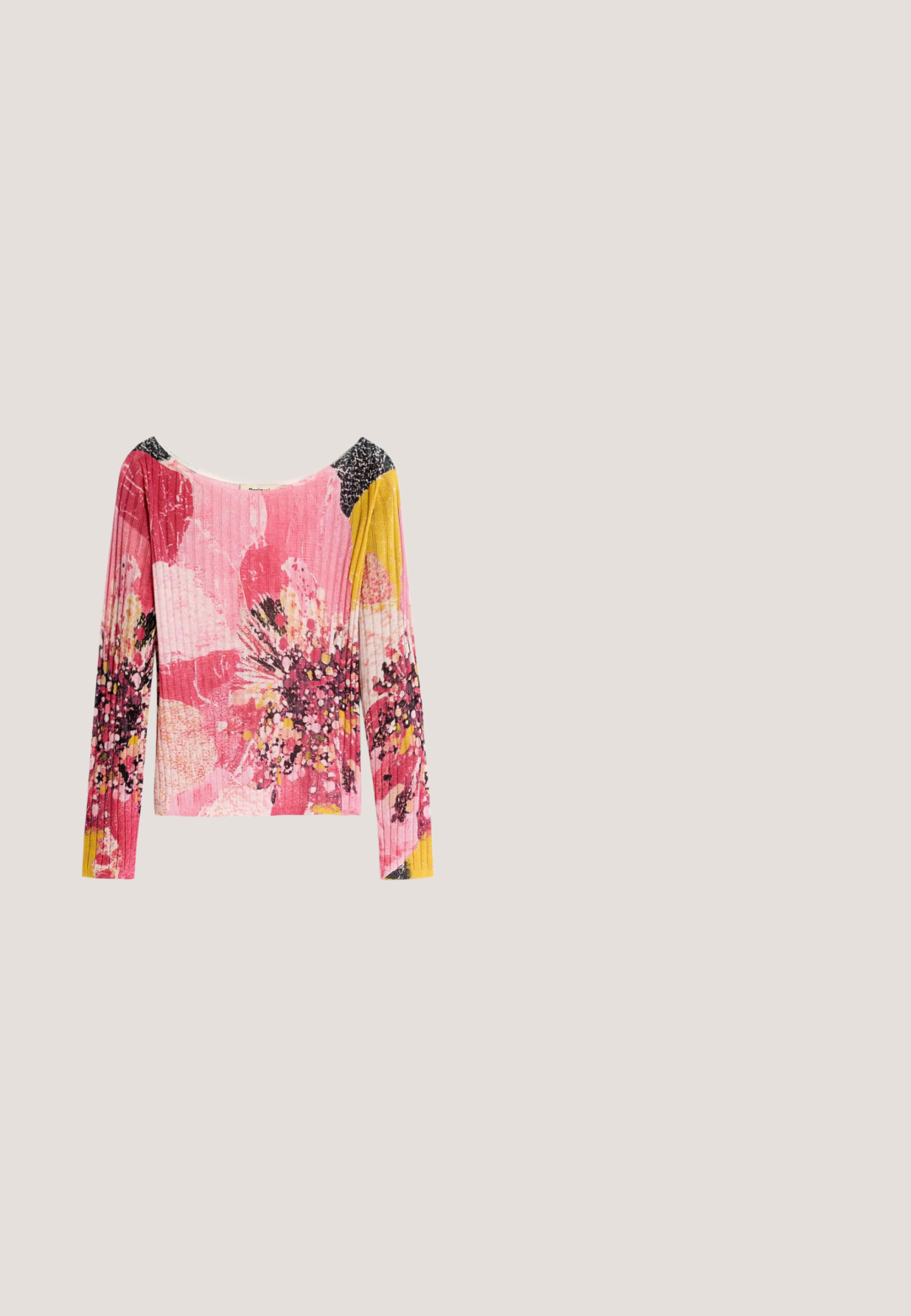 Langärmliges, geripptes Top mit U-Boot-Ausschnitt, mit großem pinkfarbenem Blumenmotiv und schwarzen, weißen und gelben Akzenten auf hellem Hintergrund.; Blazer mit Blumenmuster aus weichem Stoff, der eine taillierte Passform mit Gürtel, Revers mit Spitzenausschnitt und zwei Vorderentaschen in gedeckten Farben aufweist.; Grüne Satin-Sandale mit offener Zehenpartie und gekreuzten Riemen, verziert mit Strasssteinen. Verfügt über einen hohen, architektonischen Absatz mit strukturiertem Finish.; Weißer Seidenschal mit gelbem Streifenmuster, weicher Textur, dreieckiger Form und gelbem satinierter Bordüre.; Miriade SPALLA LUSIA - Handtasche - verde; Goldene Ohrringe mit herabfließenden, mehrfarbigen Edelsteinen in Grün, Gelb, Pink und Orange, angeordnet in verschiedenen Formen und Größen.