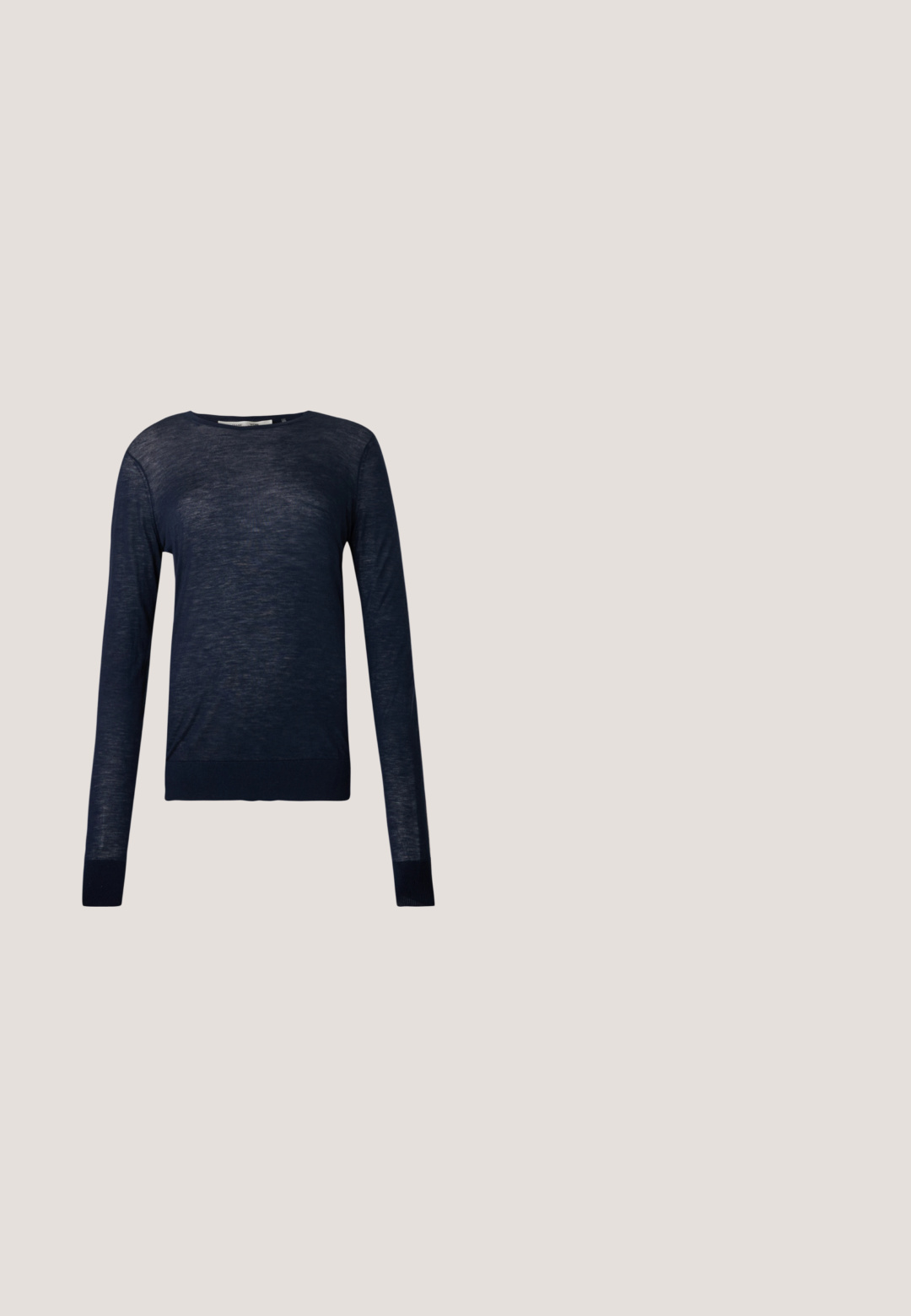 Navy long-sleeve sweater made of lightweight, textured fabric with a round neck and fitted cuffs, featuring a subtle, breathable design.; Short-sleeve cropped navy jacket with a pointed collar, front button closure, and two flap pockets with buttons.; Blue tailored wide-leg trousers with belt loops, front crease, and a concealed front closure on a white background.; Navy blue leather ballet flat with a single thin strap across the top and a flat sole against a plain white background.; Black textured leather handbag with double handles next to a matching zippered pouch, both sitting on a plain light background.; Gold hoop earrings with a smooth, shiny finish. They exhibit a circular shape with a small opening for closure. Simple design, minimal accents.