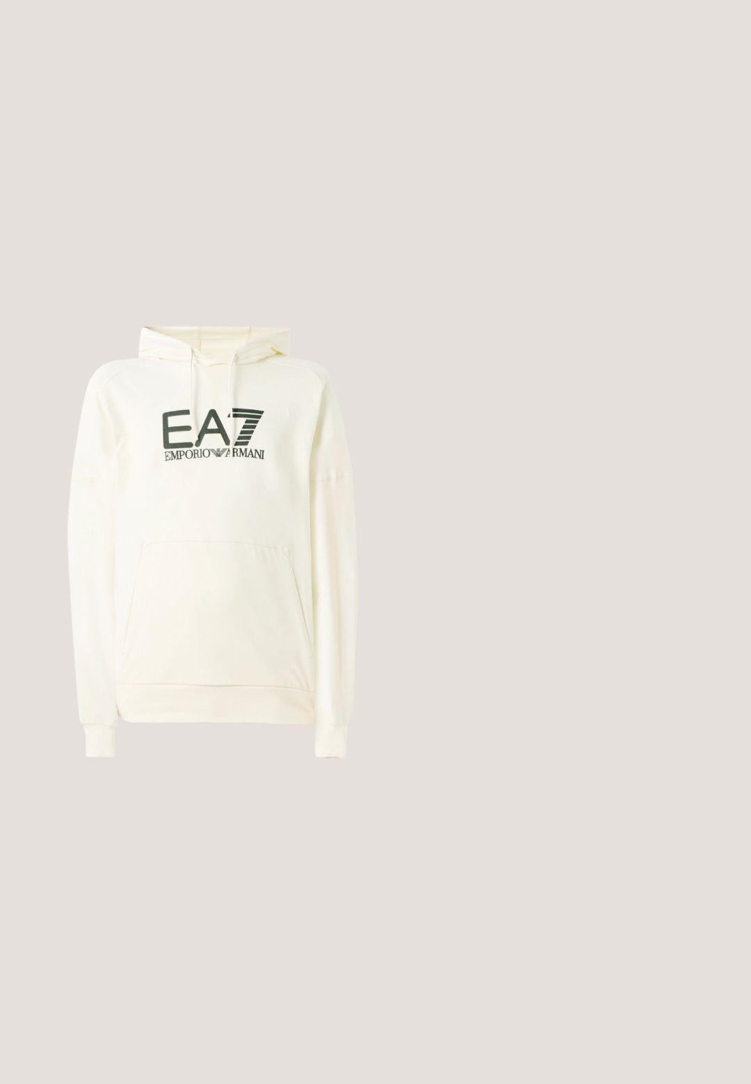 Hvid hættetrøje lavet af blødt stof, med en frontlomme og et trykt logo i mørkegrøn. Lange ærmer med ribbede manchetter.; Sort kortærmet t-shirt med hvid tekst "ARMANI EXCHANGE 1991" og rektangulære grafiske blokke i midten foran.; Sorte sweatpants lavet af strækbart stof. Har en elastisk talje, tapered manchetter og hvid branding på venstre ben.; Sort lædersneaker med struktureret finish, kontrastfarvet creme gummisål, snørebåndsdesign og mærkning på siden.; Sorte rektangulære solbriller med mørketonede linser og tykke stel, let vinklet mod højre på en hvid baggrund.; Mørkegrå rektangulær crossbody taske med justerbar rem, front lynlåslomme og sølv logoemblem.