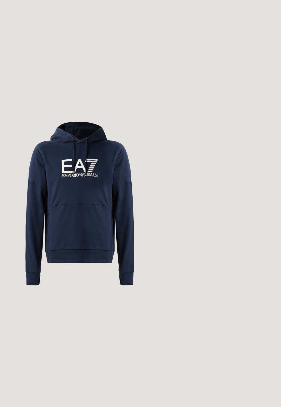 Navyblauwe hoodie van zacht materiaal, voorzien van een kangoeroezak, ribgebreide boorden en het EA7 Emporio Armani-logo op de voorkant.; Zwarte korte mouwen t-shirt met ronde hals, met "ARMANI EXCHANGE" in gouden letters op de borst gedrukt.; Lichtgrijze spijkerbroek met een rechte pijp. Voorzien van een traditioneel ontwerp met vijf zakken, knoopsluiting en subtiele vervaging voor textuur.; Witte sneaker met een glad bovenwerk van stof, een gestructureerd hielaccent, een ronde neus en een platte rubberen zool. Veters en minimale stiksel details zichtbaar.;  Schildpadbril met vierkante montuur, bruin getinte lenzen en een metallic accent aan de zijkant. Zacht plastic materiaal.; Zwart gestructureerd leren rechthoekig tasje met zijgreep en een klein zilverkleurig logo in het midden aan de voorkant.