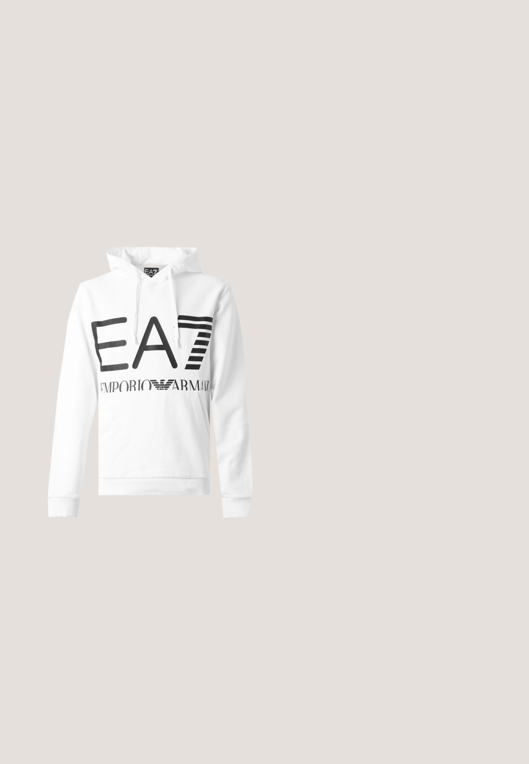 Witte hoodie met groot zwart EA7- en Emporio Armani-logo op de borst, met een voorzak en capuchon met trekkoorden.; Zwarte T-shirt van katoen, met een ronde hals en korte mouwen. Geborduurd logo "EA7 EMPORIO ARMANI" in het wit op de voorkant.; Zwarte sweatpants van rekbaar materiaal. Voorzien van een elastische tailleband, taps toelopende boorden en witte branding op het linkerbeen.; Witte lage sneaker met zwart gestreepte zool, merk EA7 Emporio Armani aan de zijkant en tekst "Crusher" nabij de hiel, op een effen achtergrond.; Zwarte rechthoekige zonnebril met donkere glazen en een subtiel logo op het montuur, getoond op een effen lichte achtergrond.; Zwarte crossbodytas met verstelbare band en klein zilverkleurig logo-embleem op de voorflap, afgebeeld op een effen lichte achtergrond.