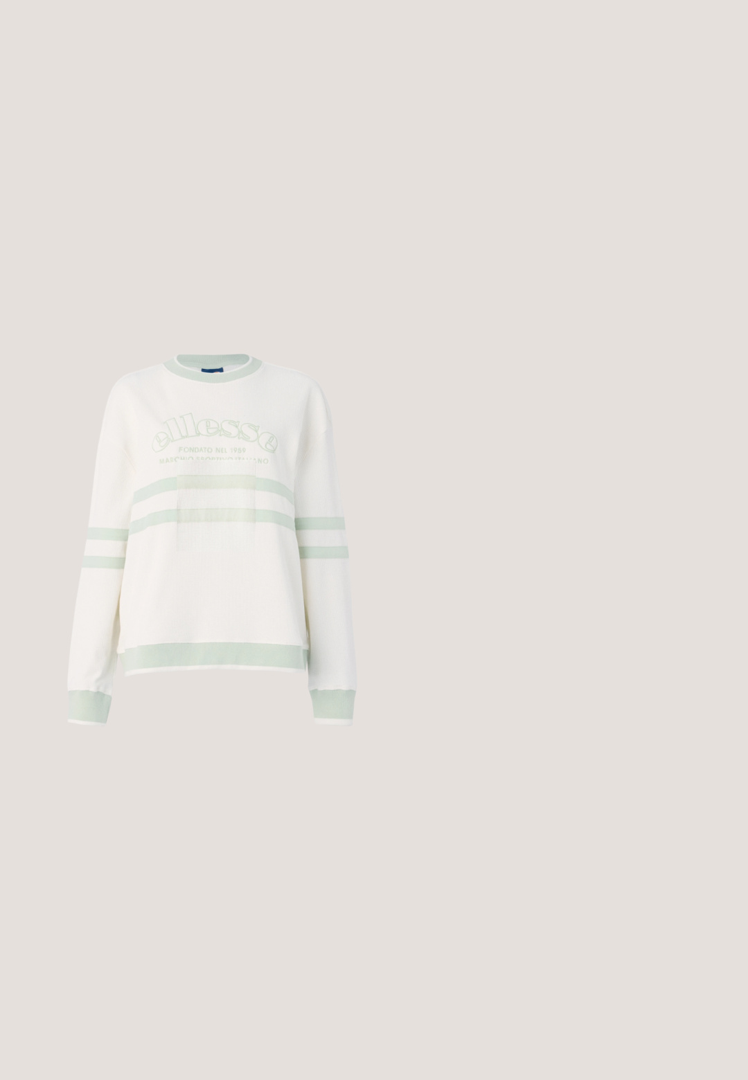 Weißer, gerippter Sweatshirt mit hellgrünen Akzenten. Verfügt über einen Rundhalsausschnitt, lange Ärmel und ein zentriertes Logo mit horizontalen Streifen.; Cremfarbendes Baumwoll-T-Shirt mit rundem Ausschnitt, kurzen Ärmeln und grünen Akzentstreifen. Mit gesticktem Logo auf der Vorderseite.; Grüne lässige Shorts mit elastischem Bund, Seitentaschen und dezentem Logo am rechten Oberschenkel.; Weiße und helltürkisfarbene Sportschuh mit Mesh- und Wildlederdetails, der über einer grauen Steinplatte in einer Außenumgebung schwebt.; Kleine metallic-silberne Puma-Handtasche mit zwei Henkeln, langem Schulterriemen, Frontlogo und Reißverschluss vor hellem, schlichten Hintergrund.; Silberne Creolen mit einem gedrehten Seildesign und einer Reihe klarer Steine am Rand. Glatte Textur mit glänzender Oberfläche.
