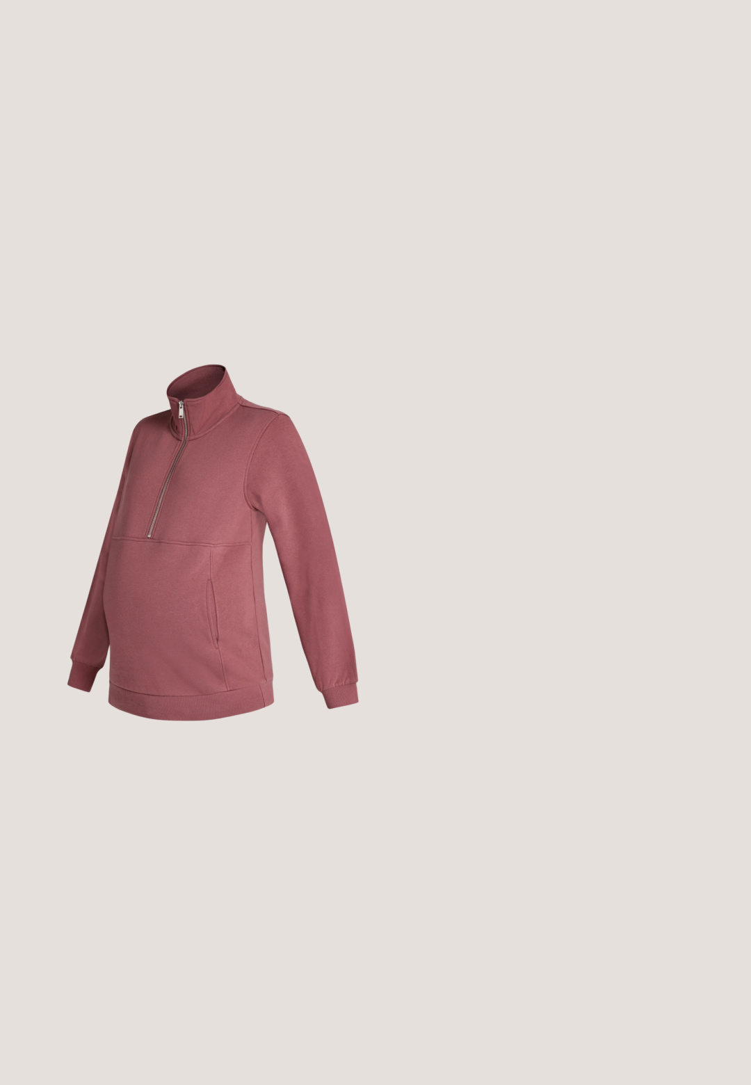 Anna Field MAMA MATERNITY ZIP THROUGH FUNNEL NECK SWEATSHIRT - Sudadera - 18-1512 tcx rose brown; Camiseta de maternidad rosa claro de manga corta con texto rojo "Berry Good Time" impreso en el lado izquierdo del pecho.; Jeans de maternidad con una cinturilla elástica gris y denim azul claro, con un corte de pierna recta y acentos de dobladillo deshilachado.; Zapatillas deportivas de ante marrón con detalles en rosa, que presentan dos franjas horizontales, suelas redondas de goma y cordones rosas.; Bolso de hombro tipo cubo de cuero rojo con superficie texturizada, correa ajustable con tachuelas y cierre de cordón. Presenta detalles metálicos y logo.; Pulsera de oro rosa con perlas redondas, piedras preciosas transparentes y un diseño suave y curvado. Incluye un cierre de langosta y detalles decorativos.